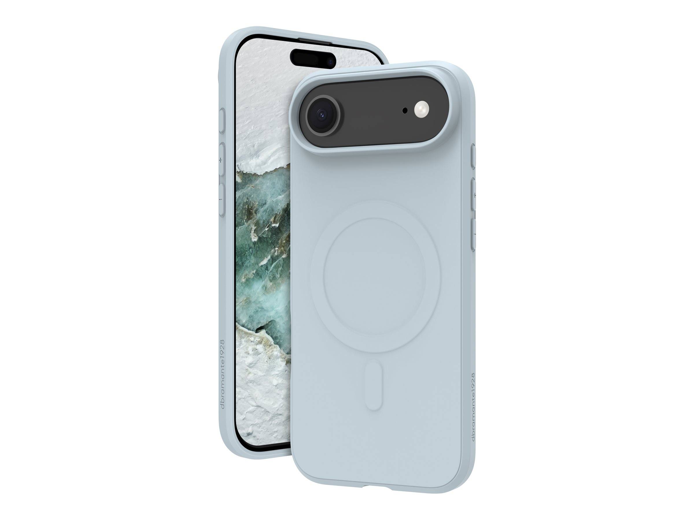 Hellblauer Smartphone-Hülle mit MagSafe-Funktion, entwickelt für iPhone 14 & 13 Mini, präsentiert mit einem Telefon, das einen blauen Marmor-Hintergrund zeigt.