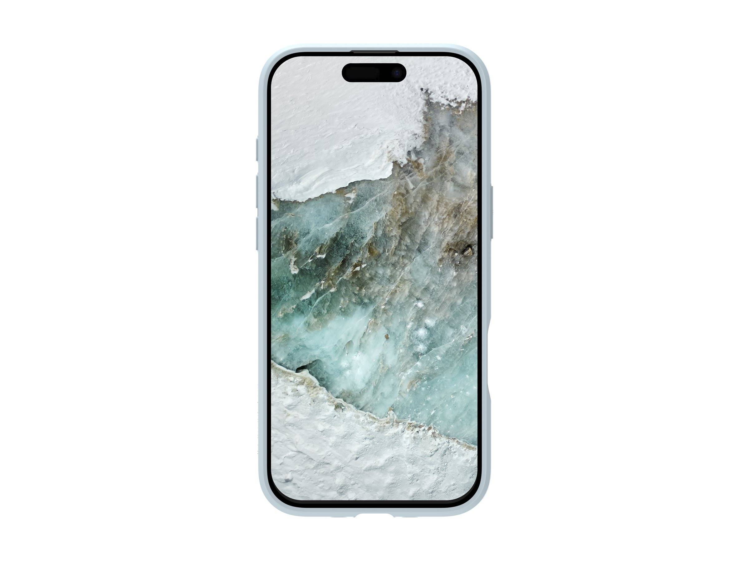 Ein Smartphone zeigt ein abstraktes Bild, das Eis- oder Felsformationen ähnelt, mit Blau- und Weißtönen.