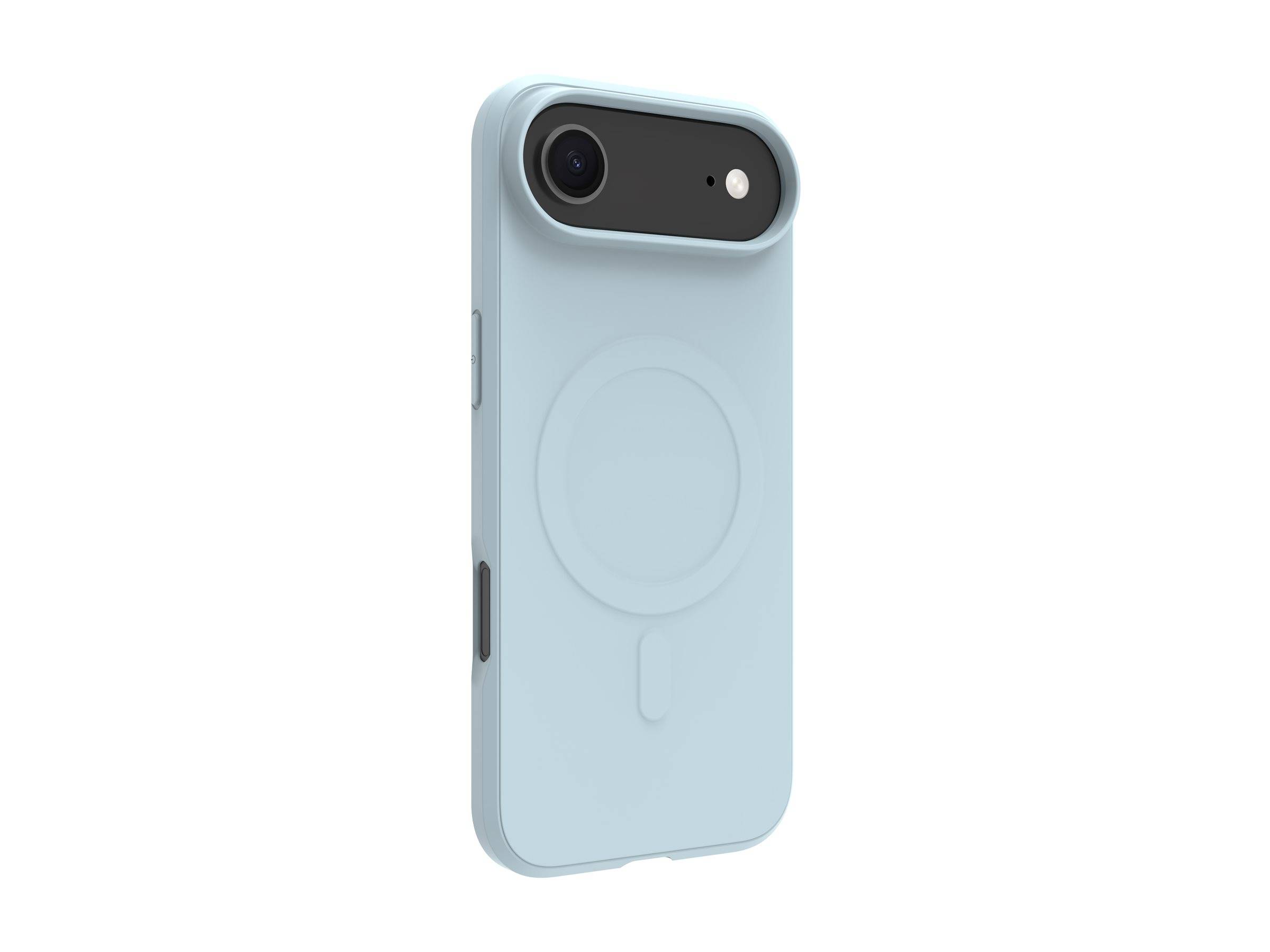 Eine hellblaue Smartphone-Hülle mit einem erhabenen kreisförmigen Muster auf der Rückseite und einer Öffnung für die Kameralinse in der oberen linken Ecke.