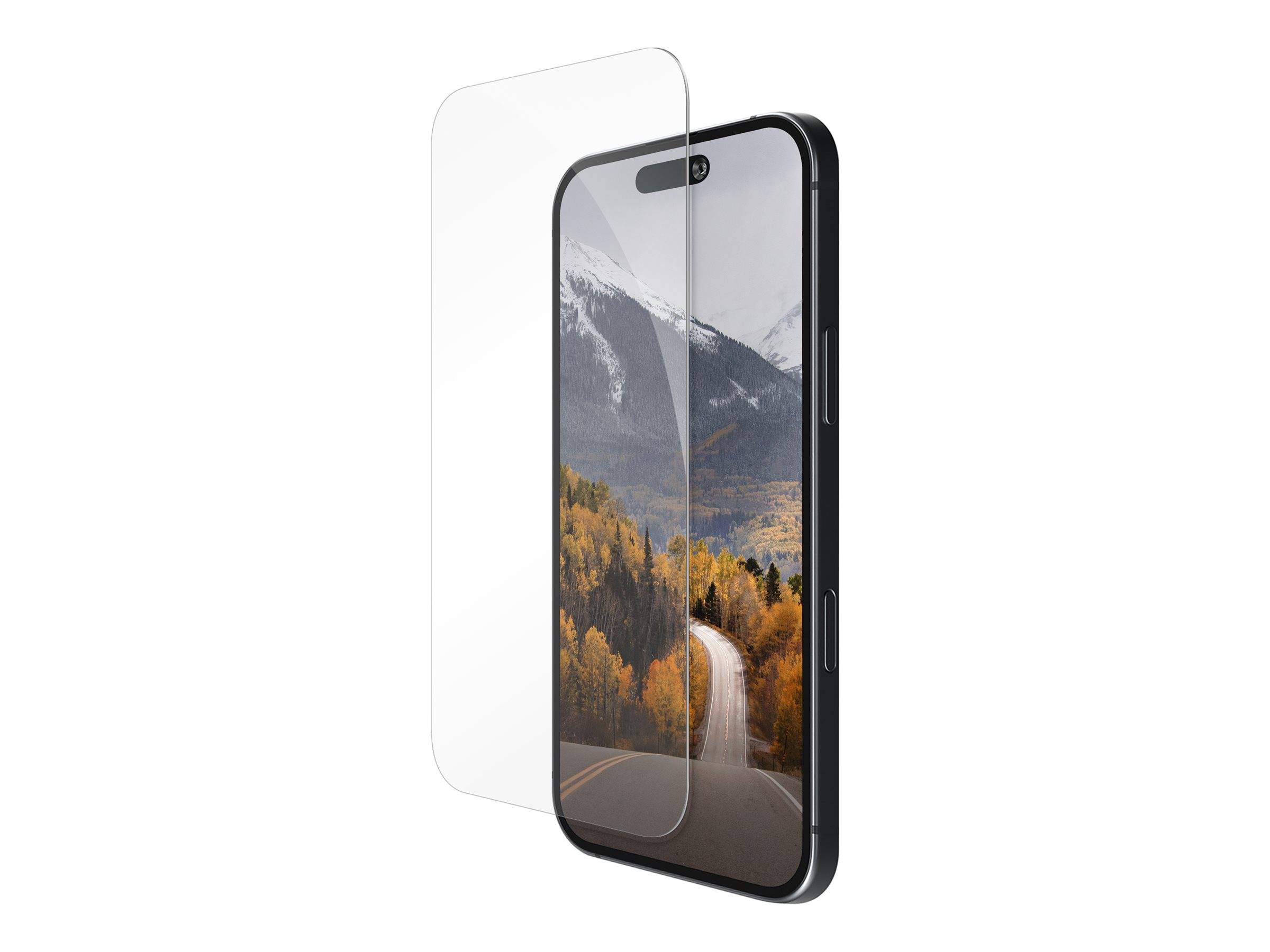 Ein Smartphone mit einer malerischen Darstellung einer kurvigen Straße durch Herbstbäume und Berge, teilweise verdeckt von einer transparenten Displayschutzfolie.