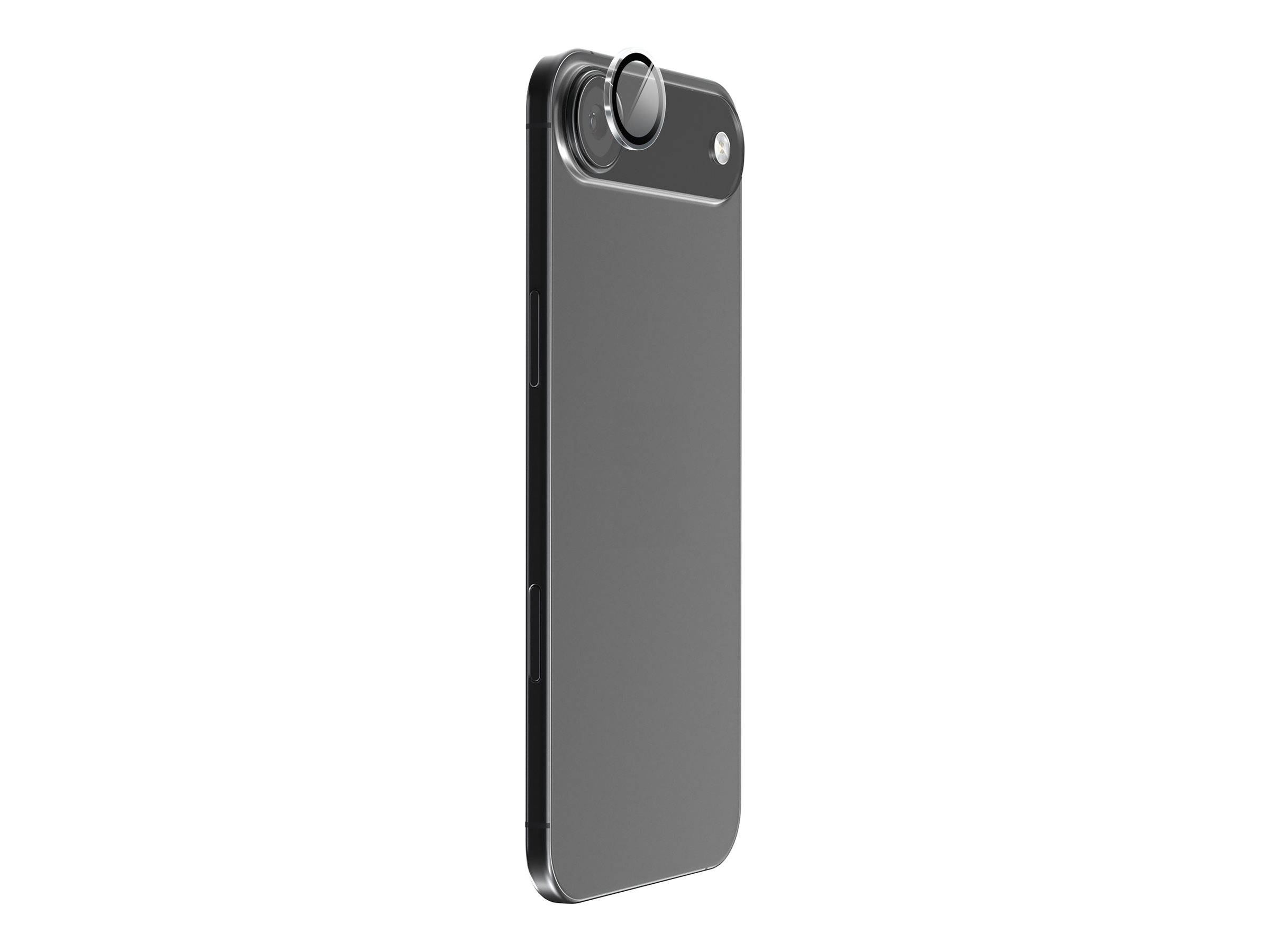Ein schlankes, modernes schwarzes Smartphone, von der Seite gesehen, das eine hervorgehobene Rückkamera-Linse und Blitz auf einem minimalistischen Design präsentiert.