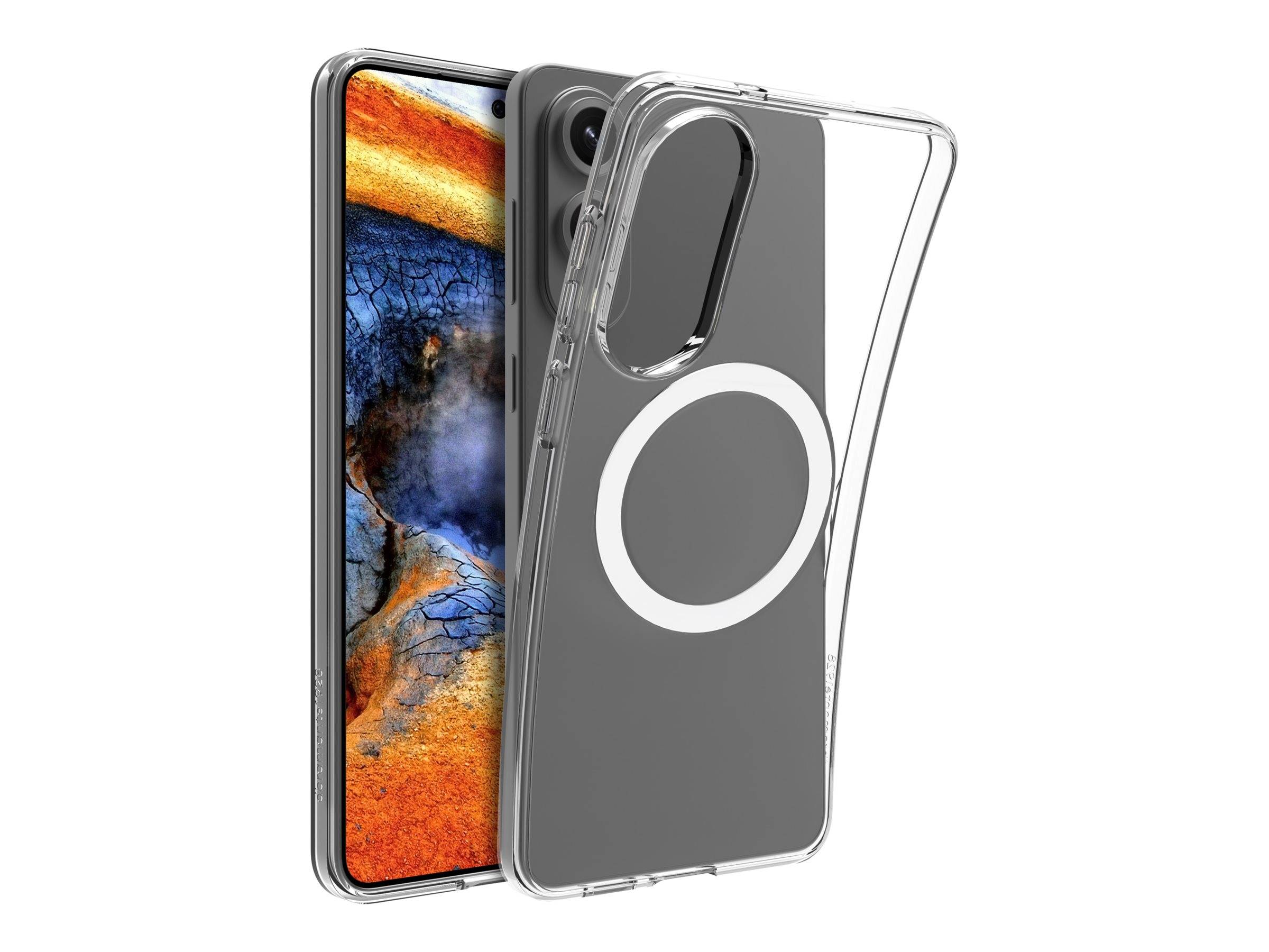 Ein Smartphone mit einem lebendigen, abstrakten Hintergrund ist teilweise in einem durchsichtigen, flexiblen Gehäuse eingeschlossen, das auf der Rückseite ein auffälliges kreisförmiges Design aufweist.