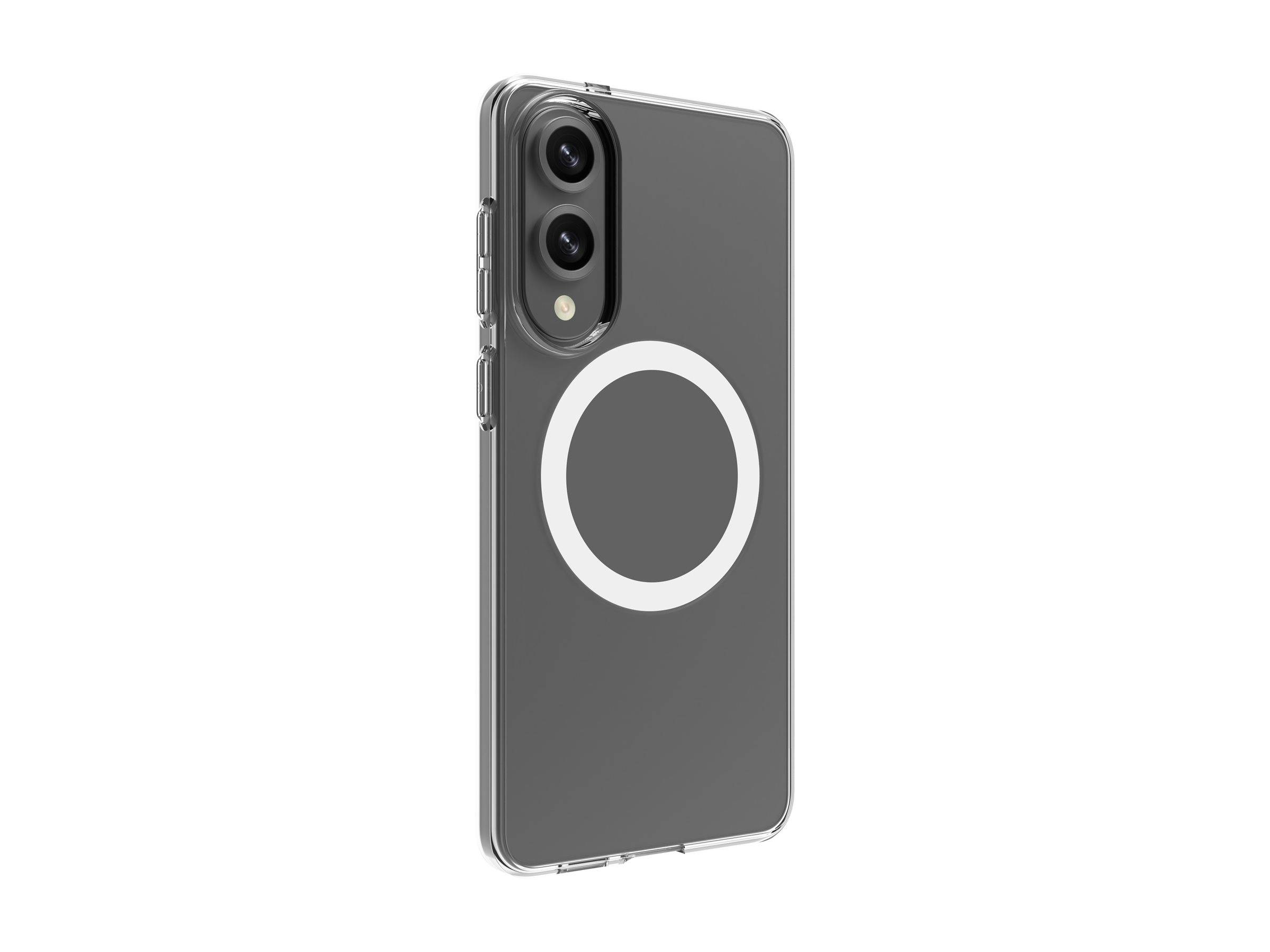 Transparente Smartphone-Hülle mit einem kreisförmigen weißen Design, das Aussparungen für eine Dual-Rückkamera aufweist.