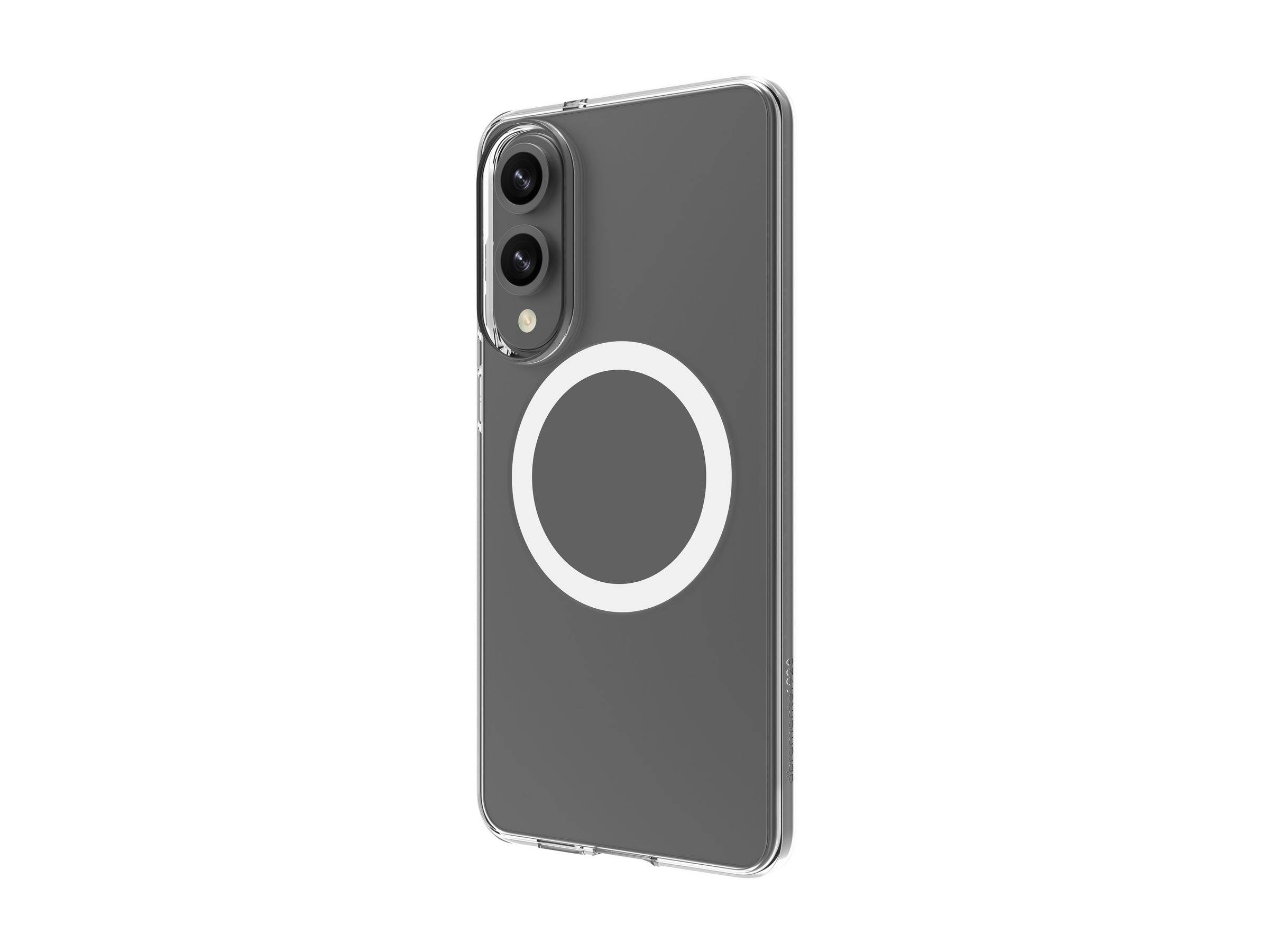 Eine transparente Smartphone-Hülle mit minimalistischem Design, die einen weißen Kreis auf der Rückseite zeigt, von einem Winkel präsentiert, der die Kameraausschnitt sichtbar macht.