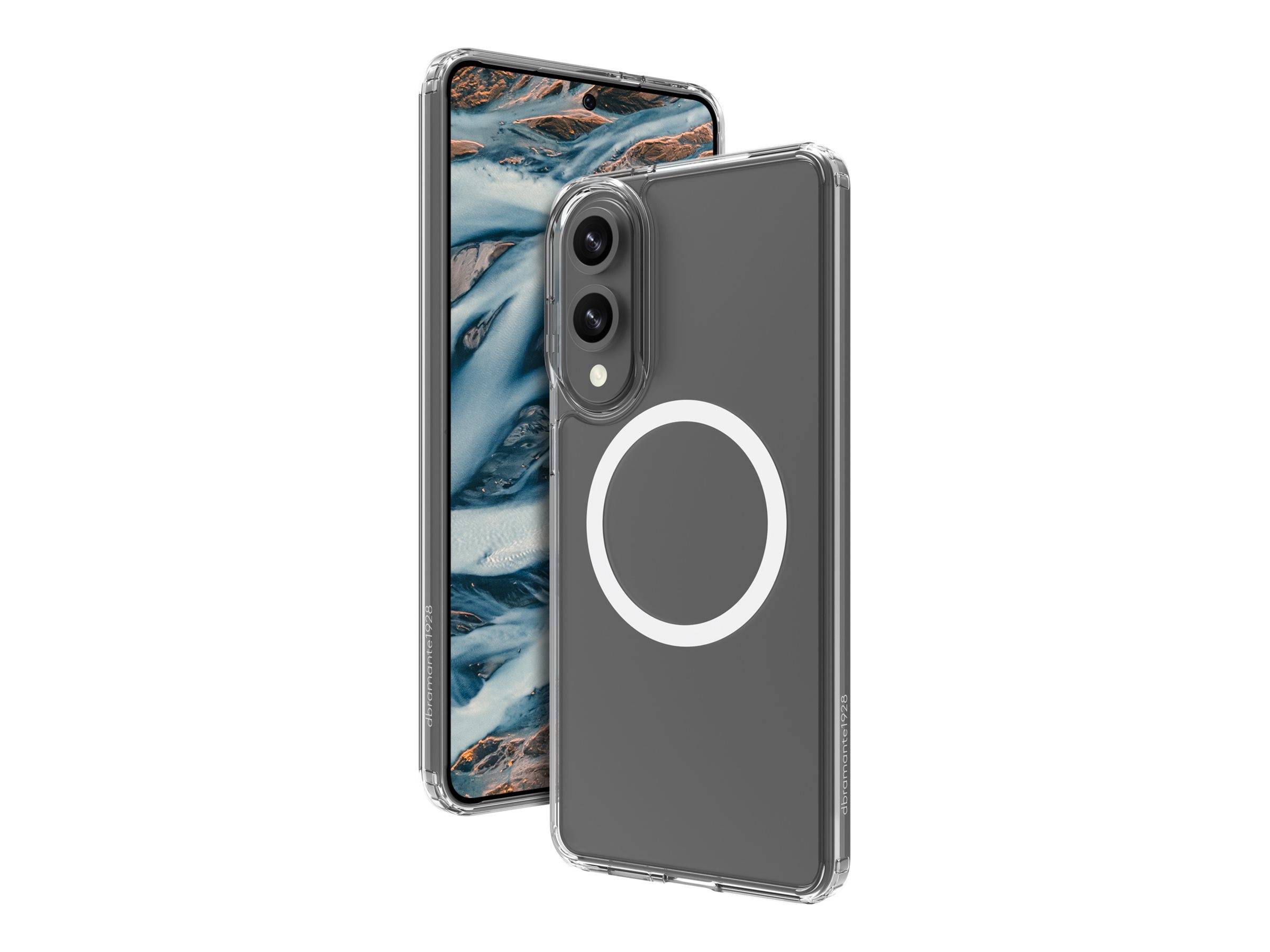 Ein Smartphone mit einer landschaftlichen Hintergrundgrafik befindet sich in einem transparenten Schutzgehäuse. Das Gehäuse weist auf der Rückseite ein auffälliges weißes Kreisdesign auf.