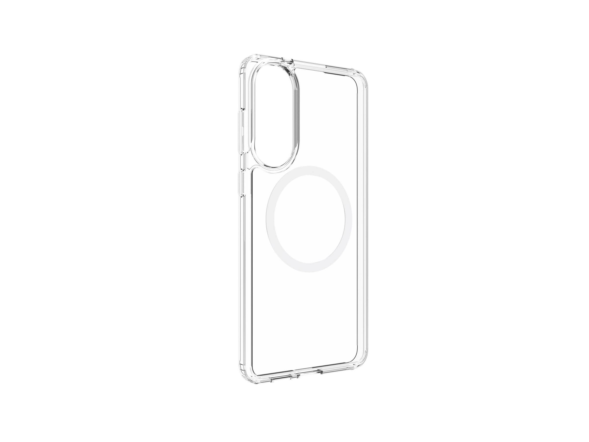 Eine transparente Handyhülle mit einem kreisförmigen MagSafe-kompatiblen Ringdesign wird gezeigt, die zum Schutz und zur Verbesserung des drahtlosen Ladens geeignet ist.