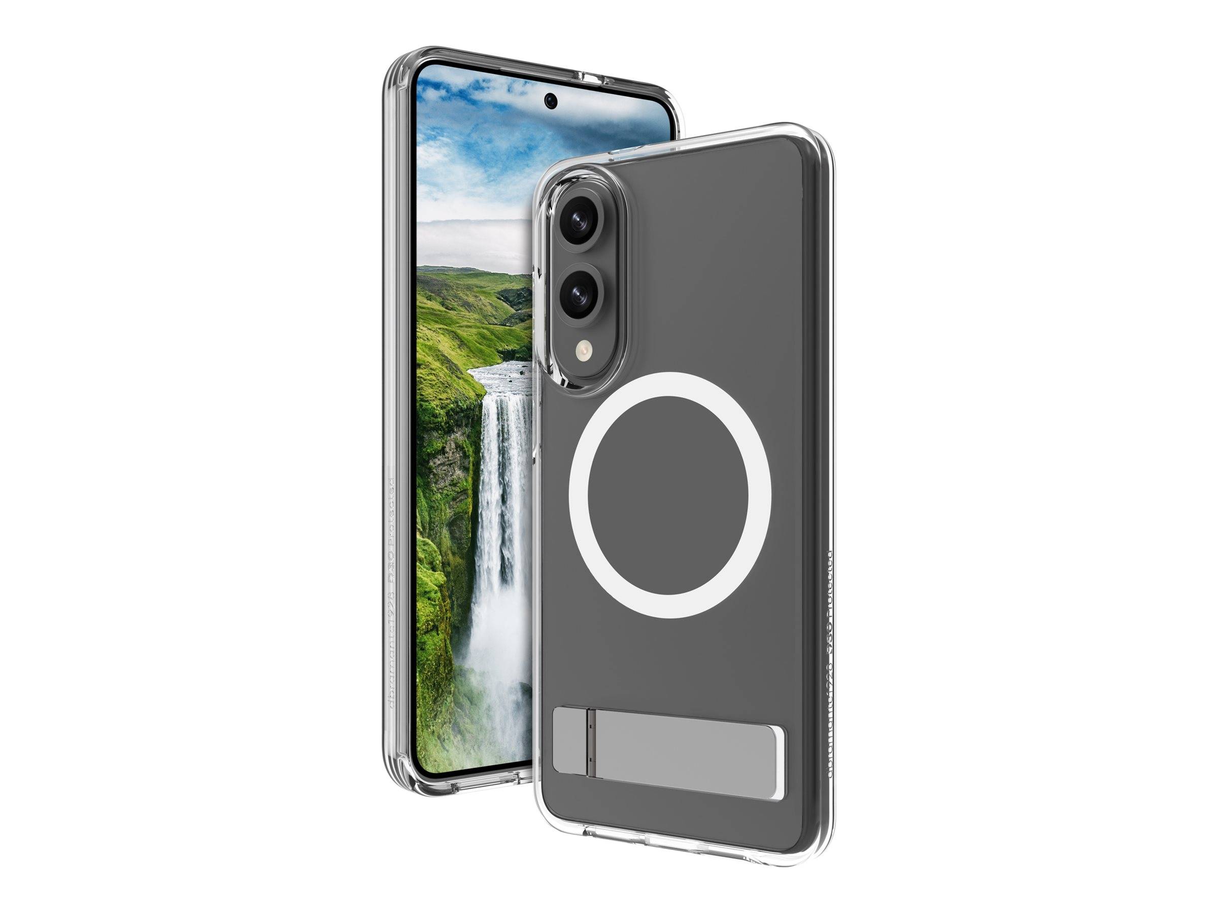 Ein Smartphone mit einer durchsichtigen Hülle ist zu sehen, auf dessen Bildschirm eine grüne Landschaft mit einem Wasserfall dargestellt wird. Die Hülle weist ein kreisförmiges Design und einen kleinen Ständer auf.