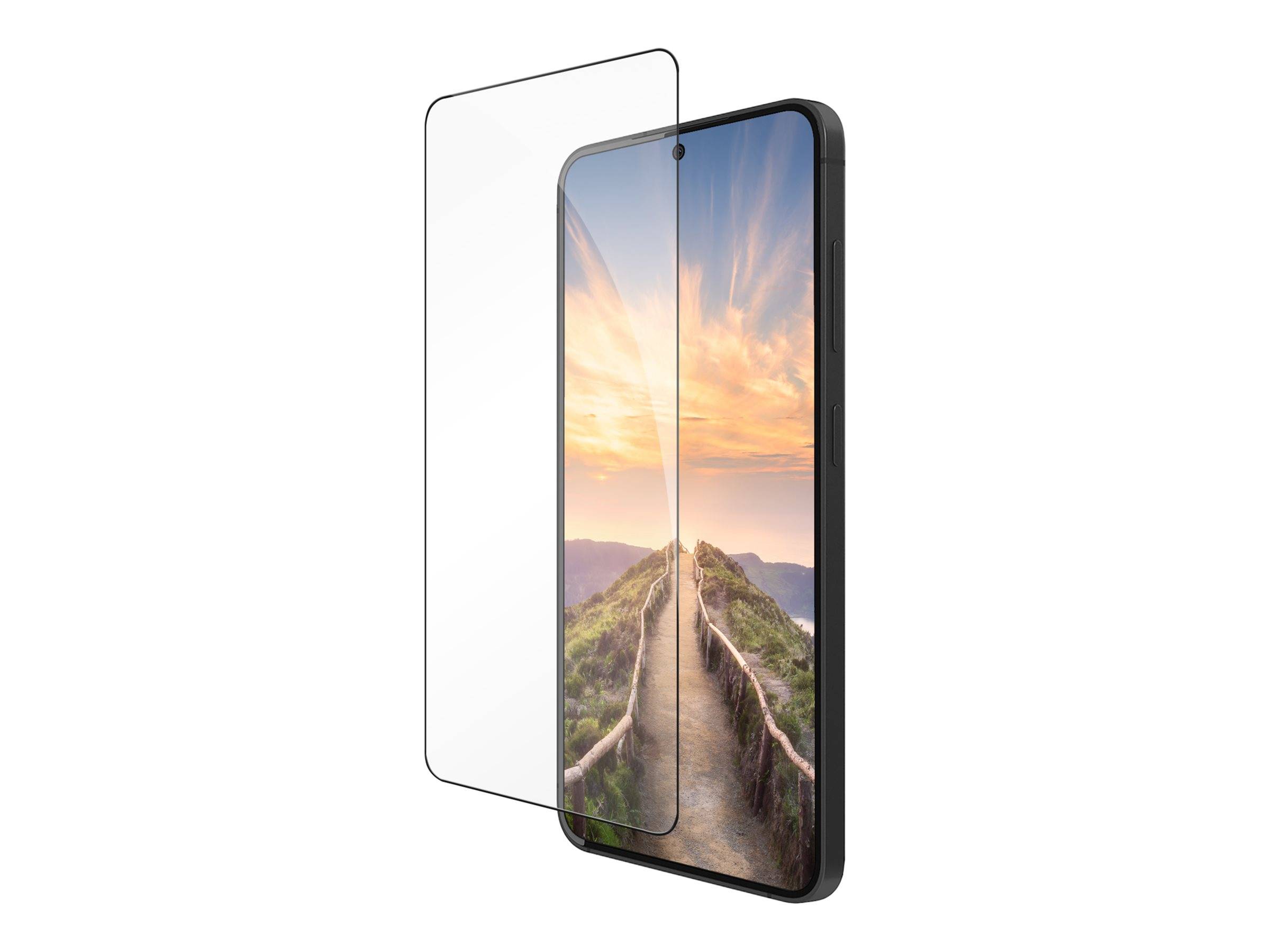 Ein Smartphone mit einem Pfad und einem Sonnenuntergang auf dem Bildschirm, daneben ein durchsichtiger Displayschutz, der davor positioniert ist.