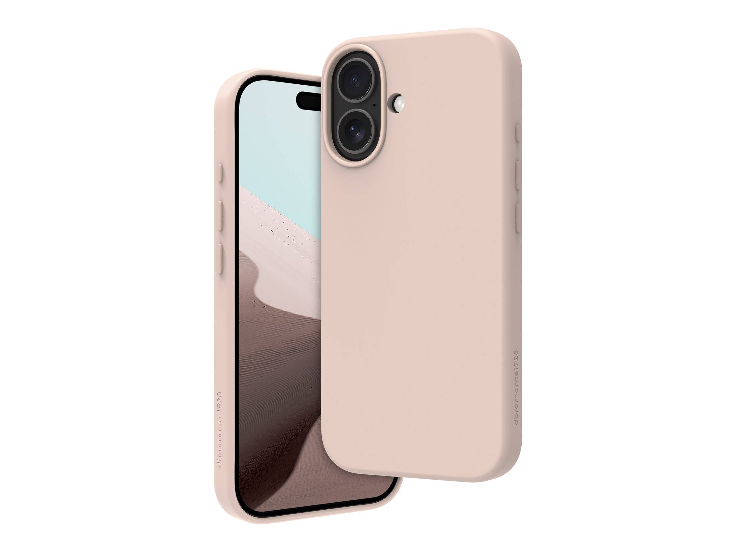 Zwei Smartphones in beigen Gehäusen werden gezeigt; eines zeigt eine Sandwüstendüne und hebt das elegante Design des Gehäuses und die Kameraausschnitte hervor.