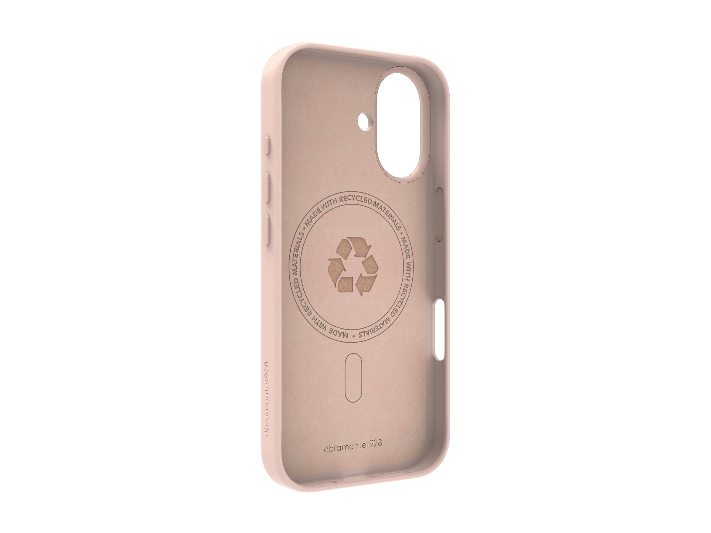 Eine Smartphone-Hülle in hellem Rosa mit einem auffälligen Recycling-Symbol auf der Innenseite, das darauf hinweist, dass sie aus recycelten Materialien hergestellt wurde.