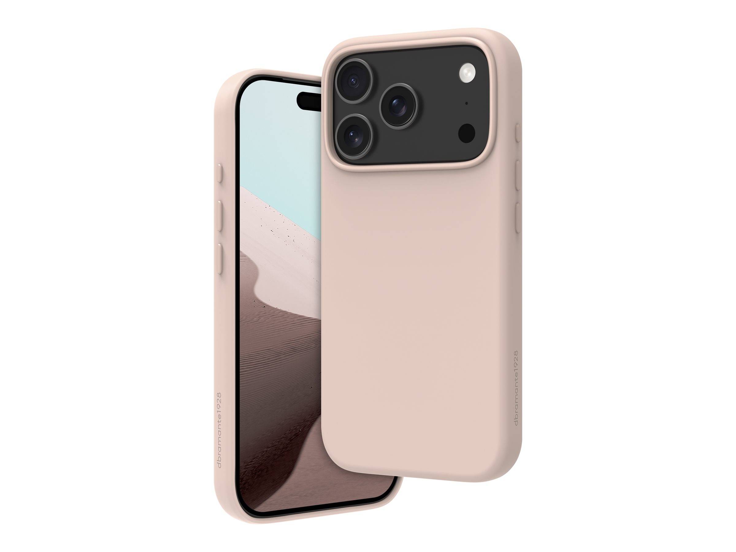 Zwei Smartphones mit beigen Gehäusen; eines zeigt einen Bildschirm mit Sanddunenlandschaft, und das andere, umgedreht, präsentiert drei Kameraobjektive auf der Rückseite.