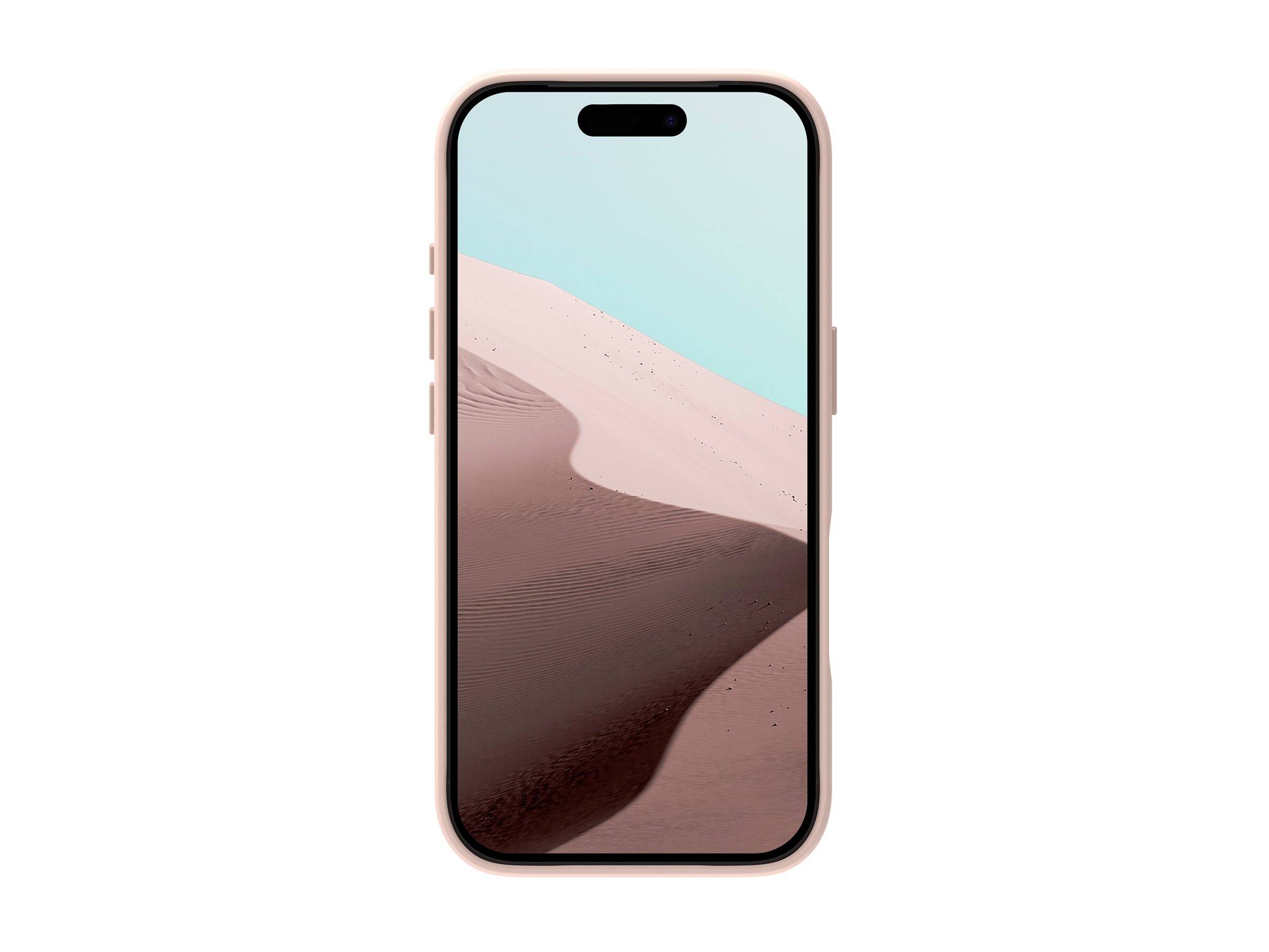 Ein Smartphone zeigt ein Bild einer Sanddüne unter einem klaren blauen Himmel und betont dabei den Kontrast zwischen der gewellten Sandstruktur und dem glatten Himmel.