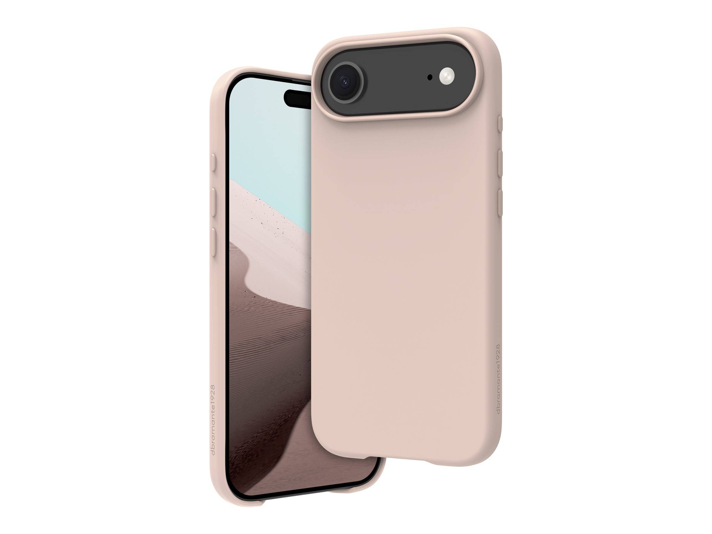 Ein schlankes Smartphone mit einer beigen Hülle, auf dessen Bildschirm eine Wüstenlandschaft zu sehen ist. Die Hülle verfügt über Aussparungen für die Kamera und Tasten.