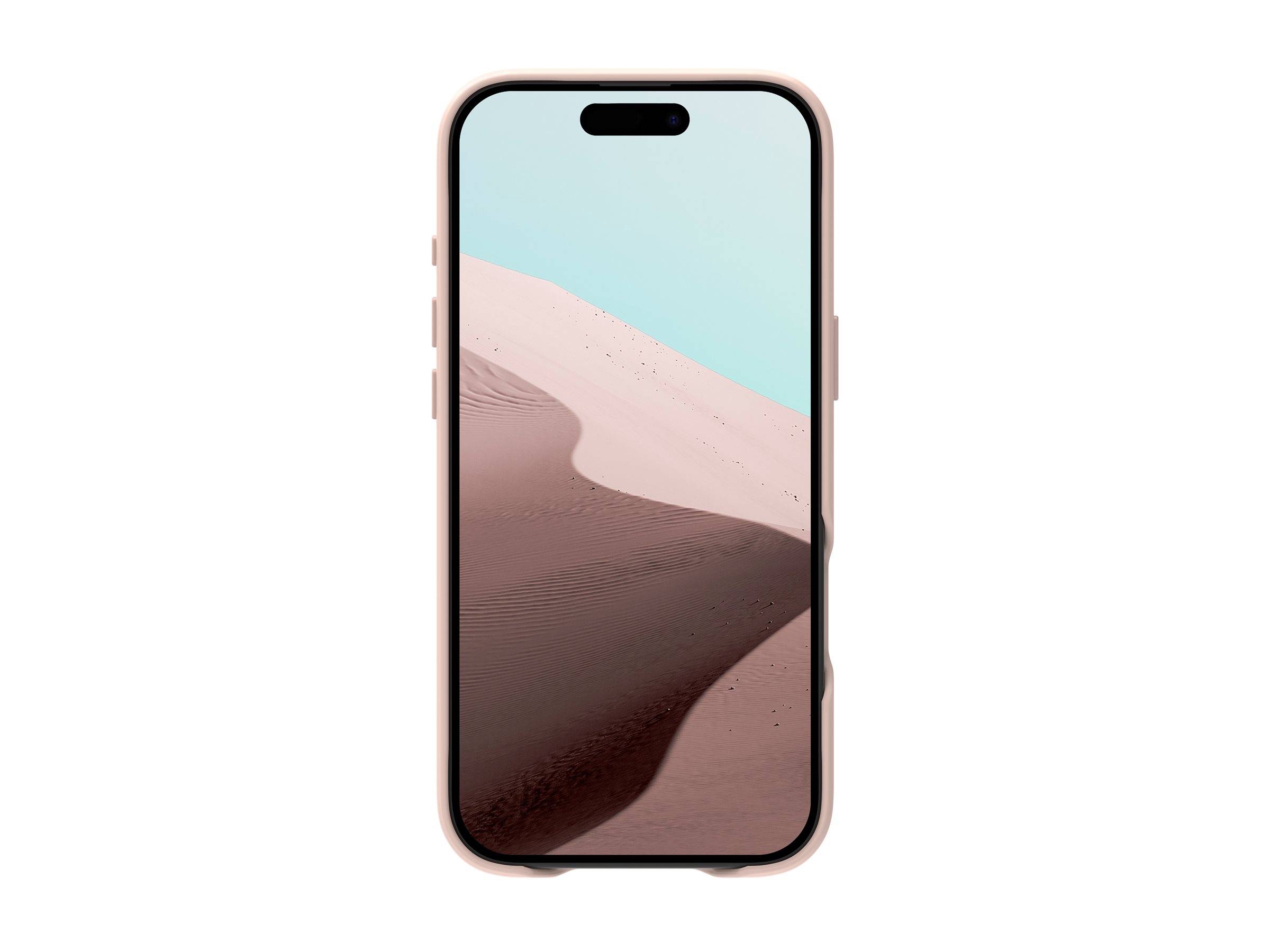 Ein Smartphone zeigt ein Bild einer Wüstenlandschaft mit Sanddünen unter einem klaren blauen Himmel. Das Handy hat ein schlankes Design mit einer sichtbaren Kamera oben.