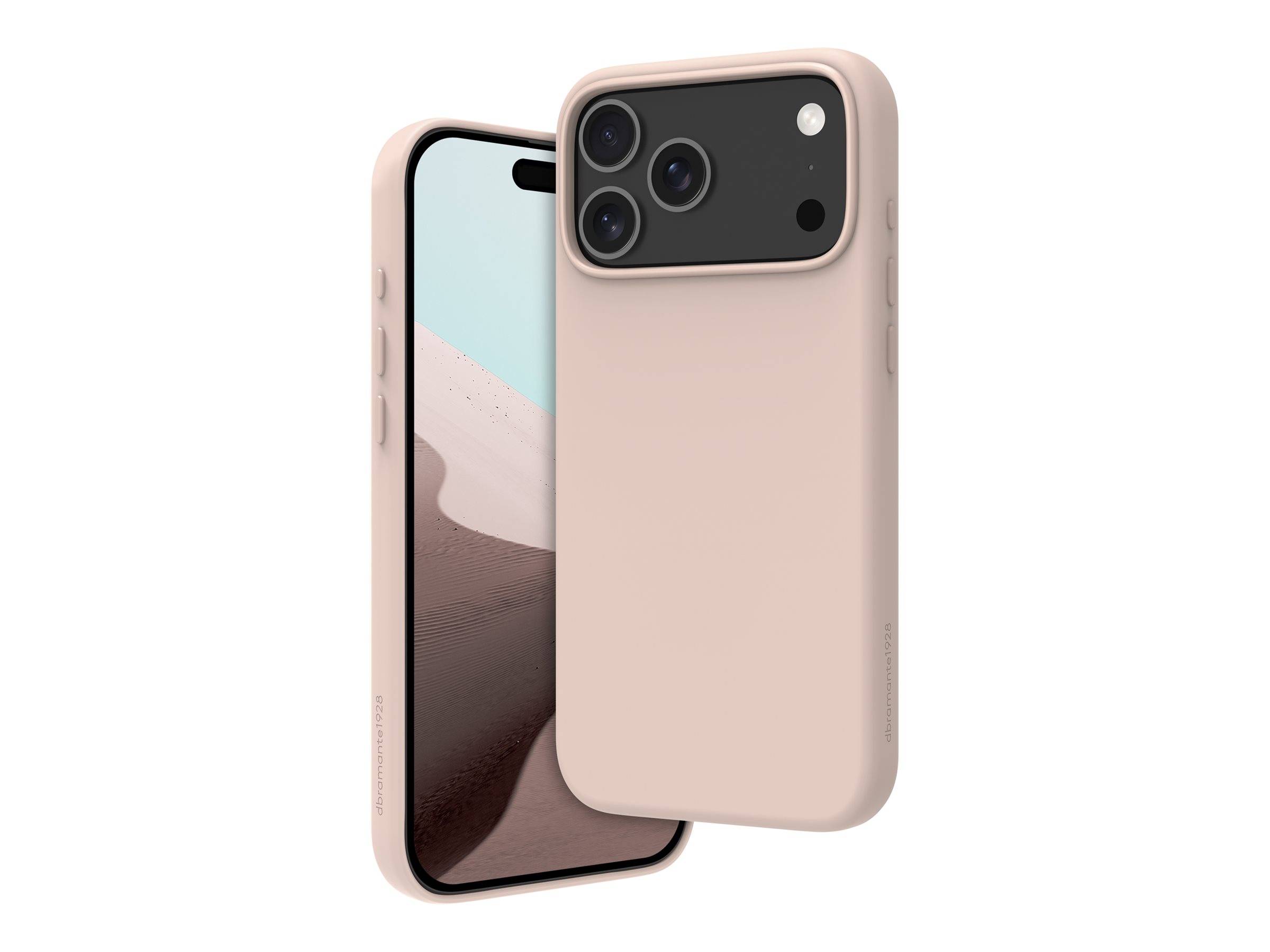 Eine beige Smartphone-Hülle, die mit einem Telefon präsentiert wird, auf dessen Bildschirm eine Wüstenlandschaft zu sehen ist und damit Design und Farbe hervorhebt.