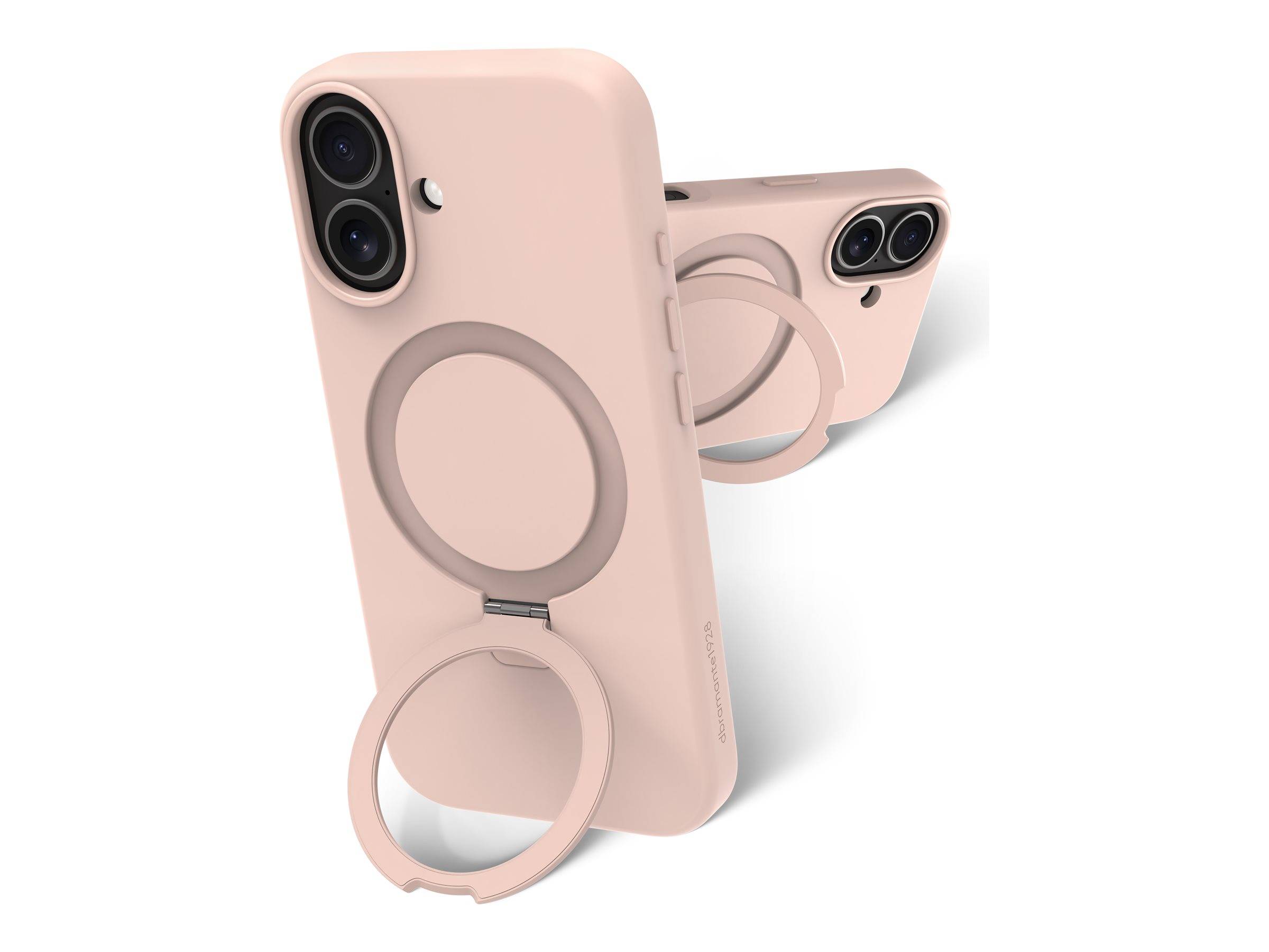 Zwei hellrosa Smartphone-Hüllen mit integrierten Ringständern, von vorne und hinten im Winkel auf weißem Hintergrund dargestellt.