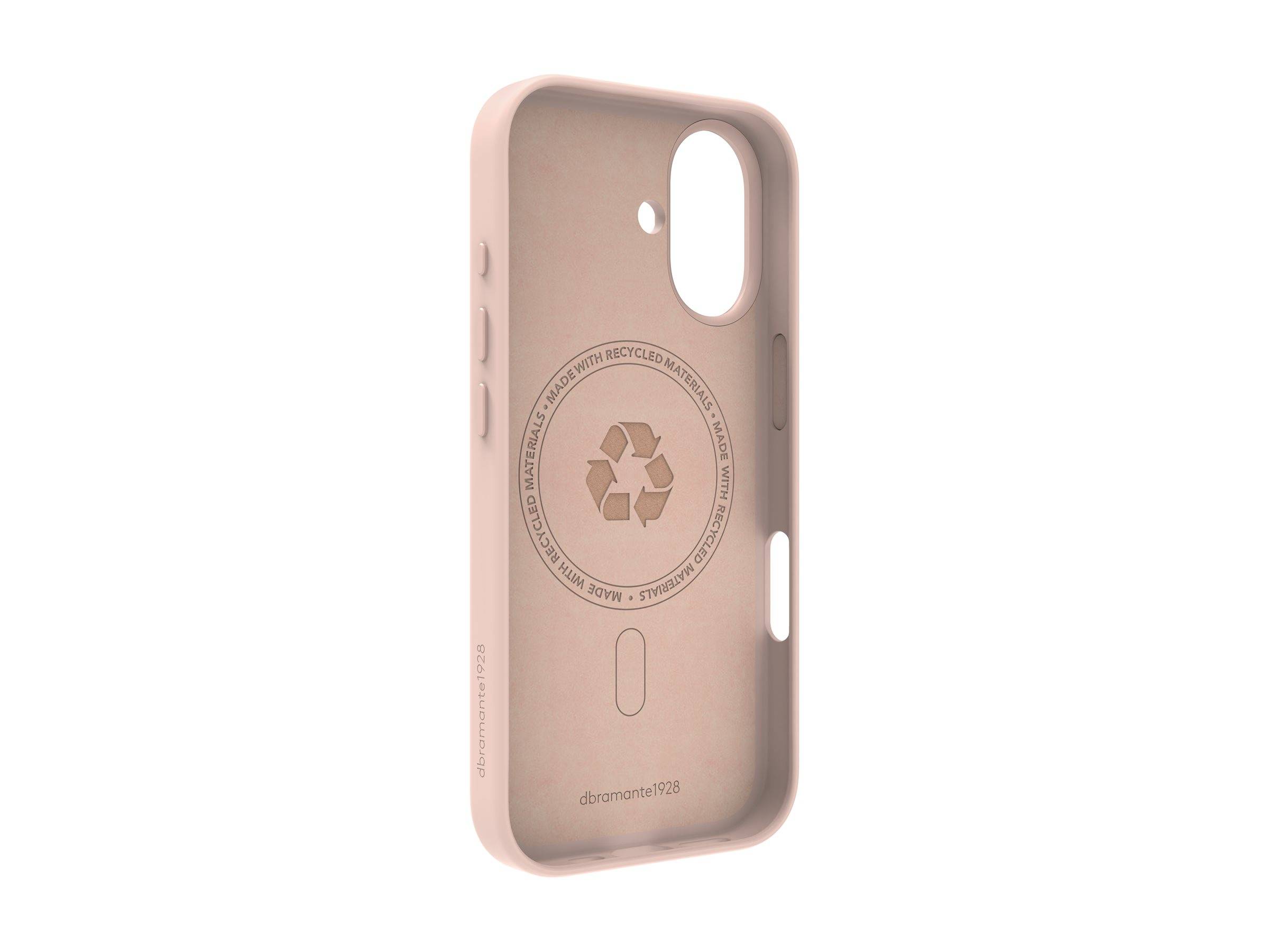 Eine beige Handyhülle aus recycelten Materialien, die ein großes Recycling-Symbol in der Mitte und kleine Tasten an der Seite aufweist.