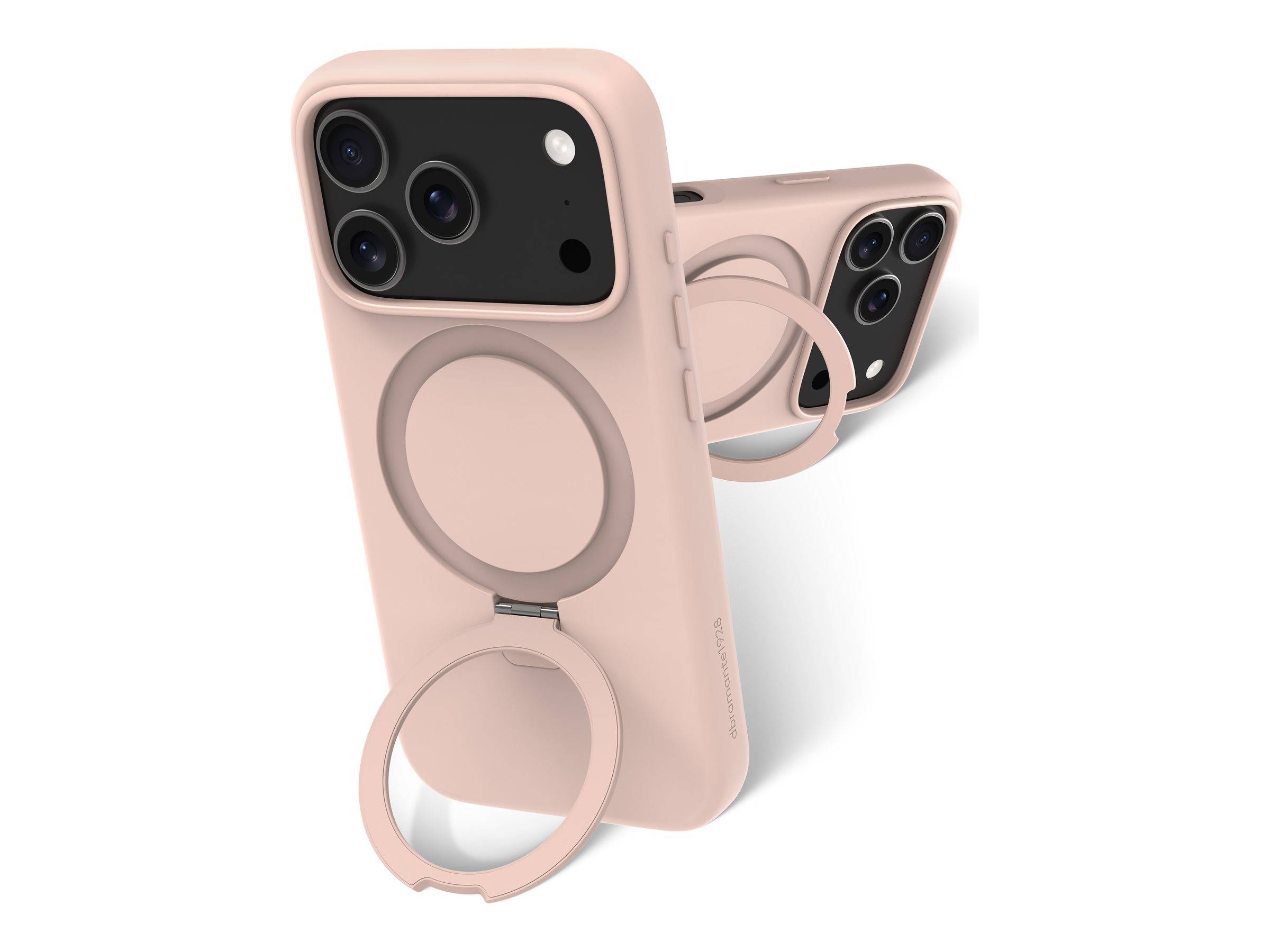 Rosa Smartphone-Hüllen mit Ringhalterungen, entwickelt für Kameraprotektion und einfachen Griff, aus zwei verschiedenen Blickwinkeln dargestellt.