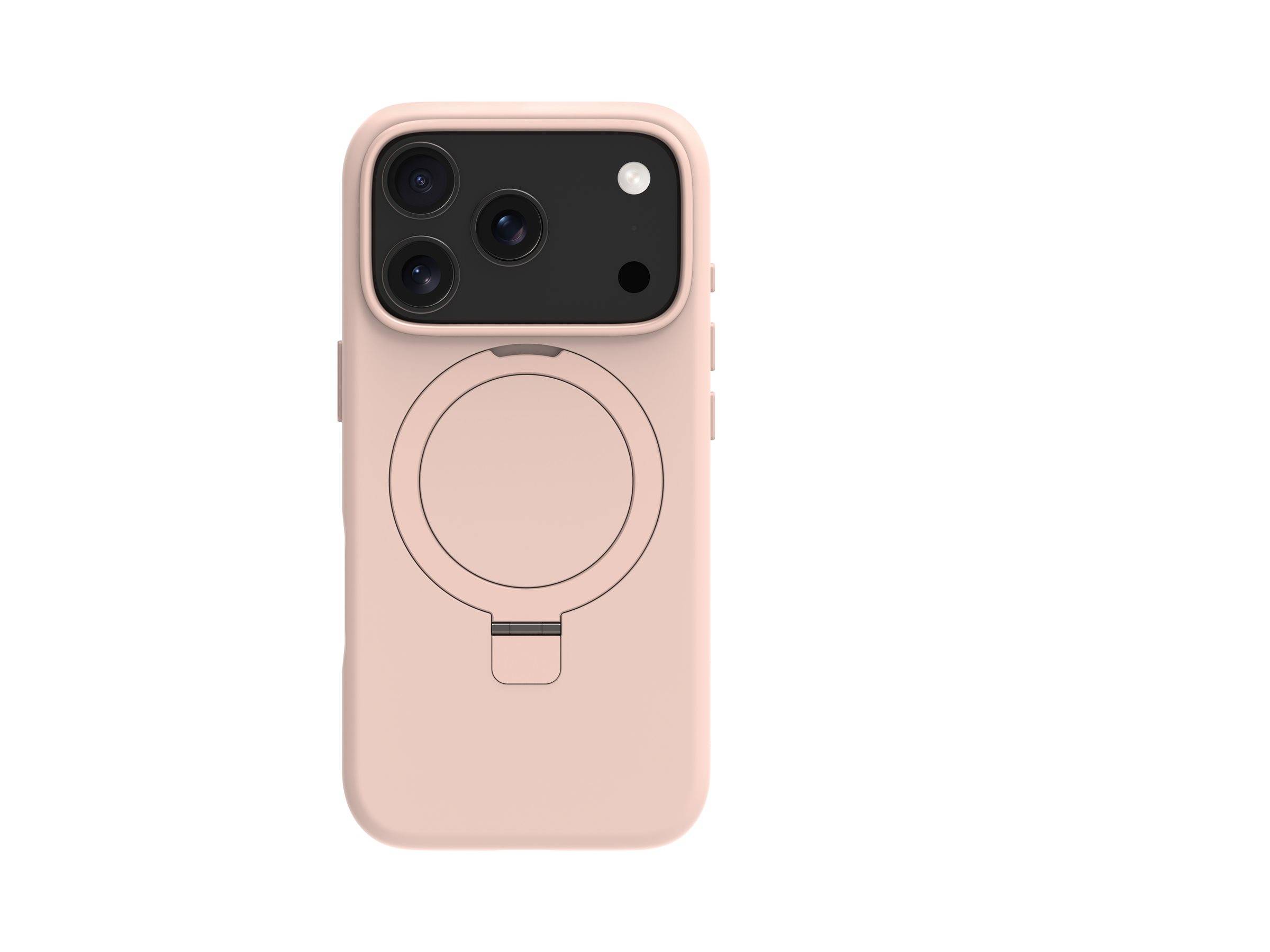 Ein pinker Smartphone-Hülle mit drei Kameraausschnitten und einem kreisrunden MagSafe-Ring auf der Rückseite, entworfen für ein modernes Telefonmodell.