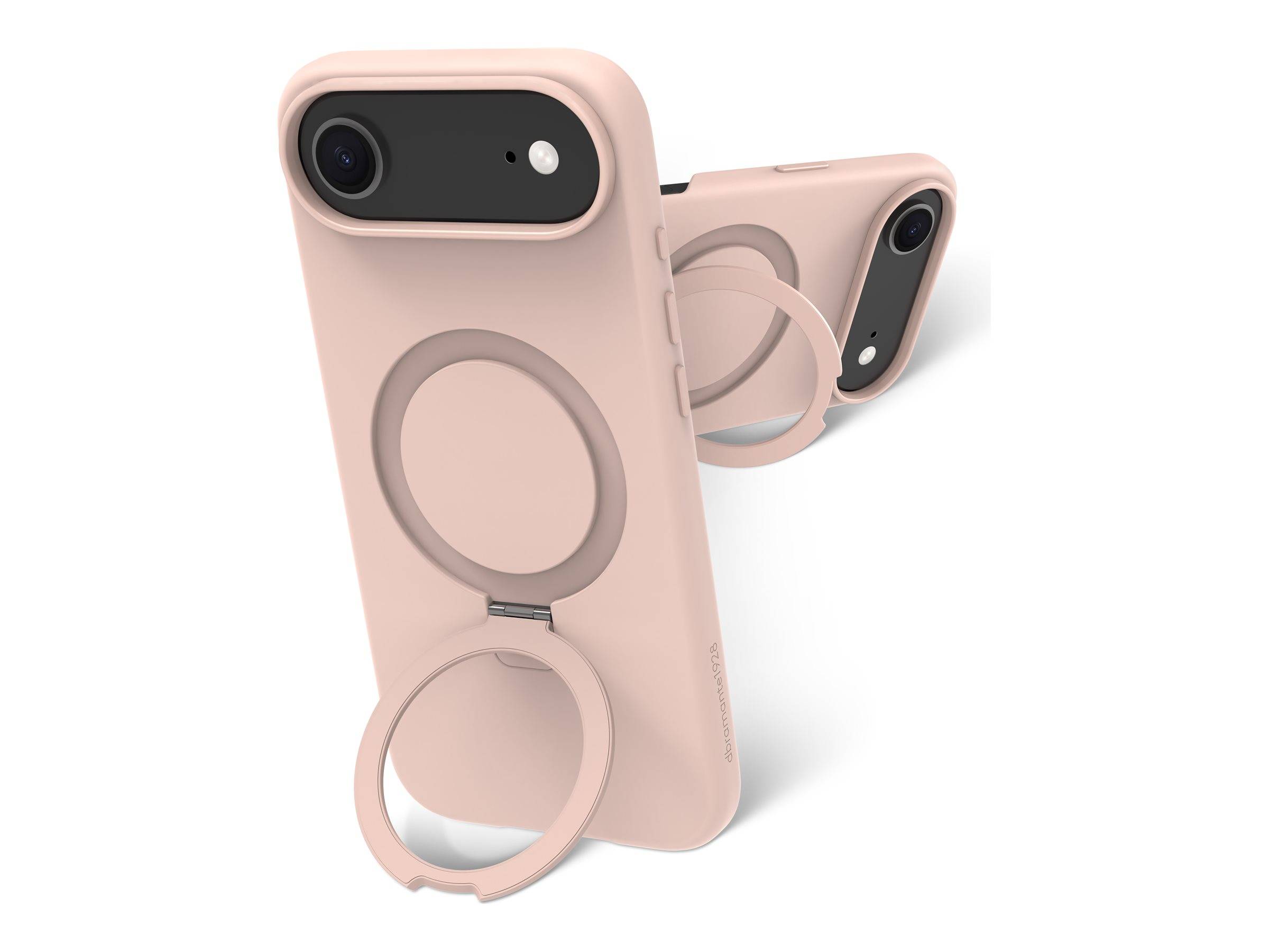 Zwei rosafarbene Smartphone-Hüllen mit kreisförmigen Ringständern, von vorne und hinten auf weißem Hintergrund dargestellt.