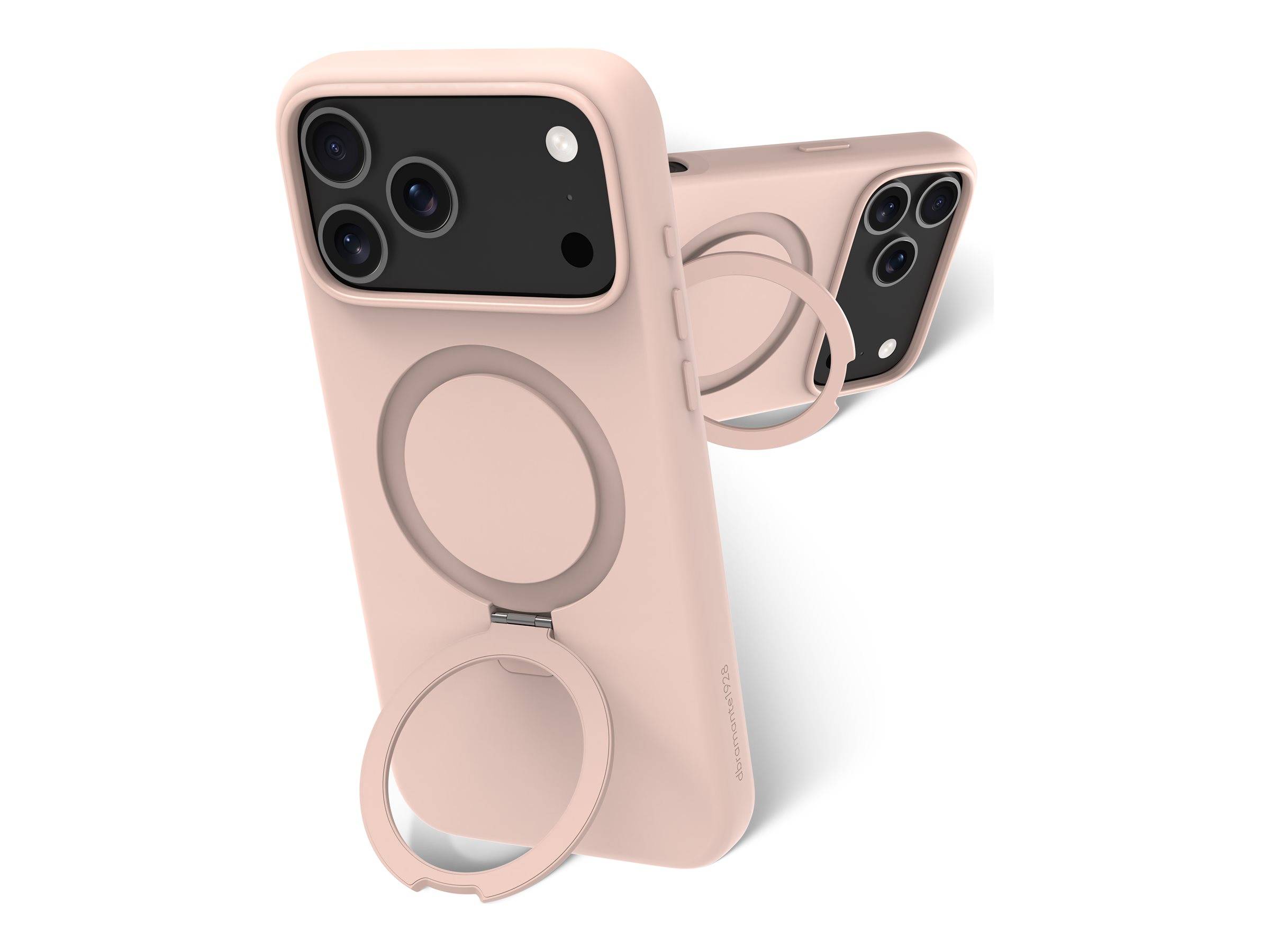 Zwei rosa Smartphone-Hüllen mit großen, kreisförmigen Griffen auf der Rückseite, die zum leichten Halten entwickelt wurden, positioniert vor einem einfarbigen Hintergrund.