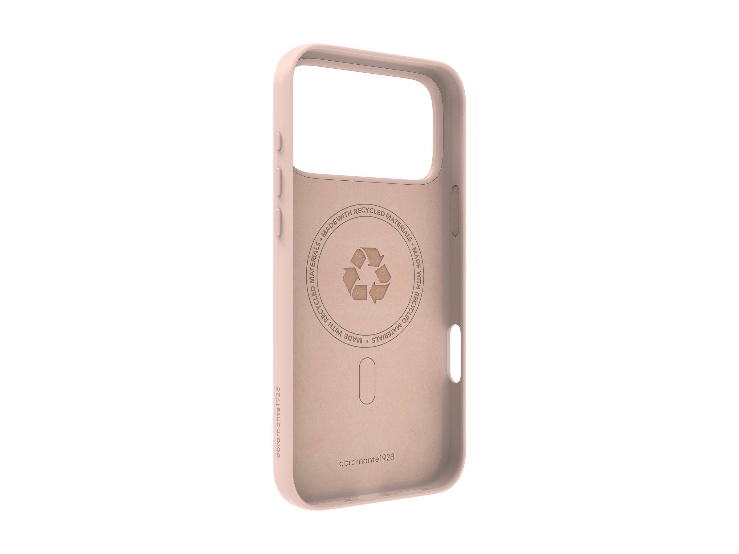 Beige-Handyhülle mit großem Kameraausschnitt und kreisförmigem Recycling-Symbol auf der Rückseite.