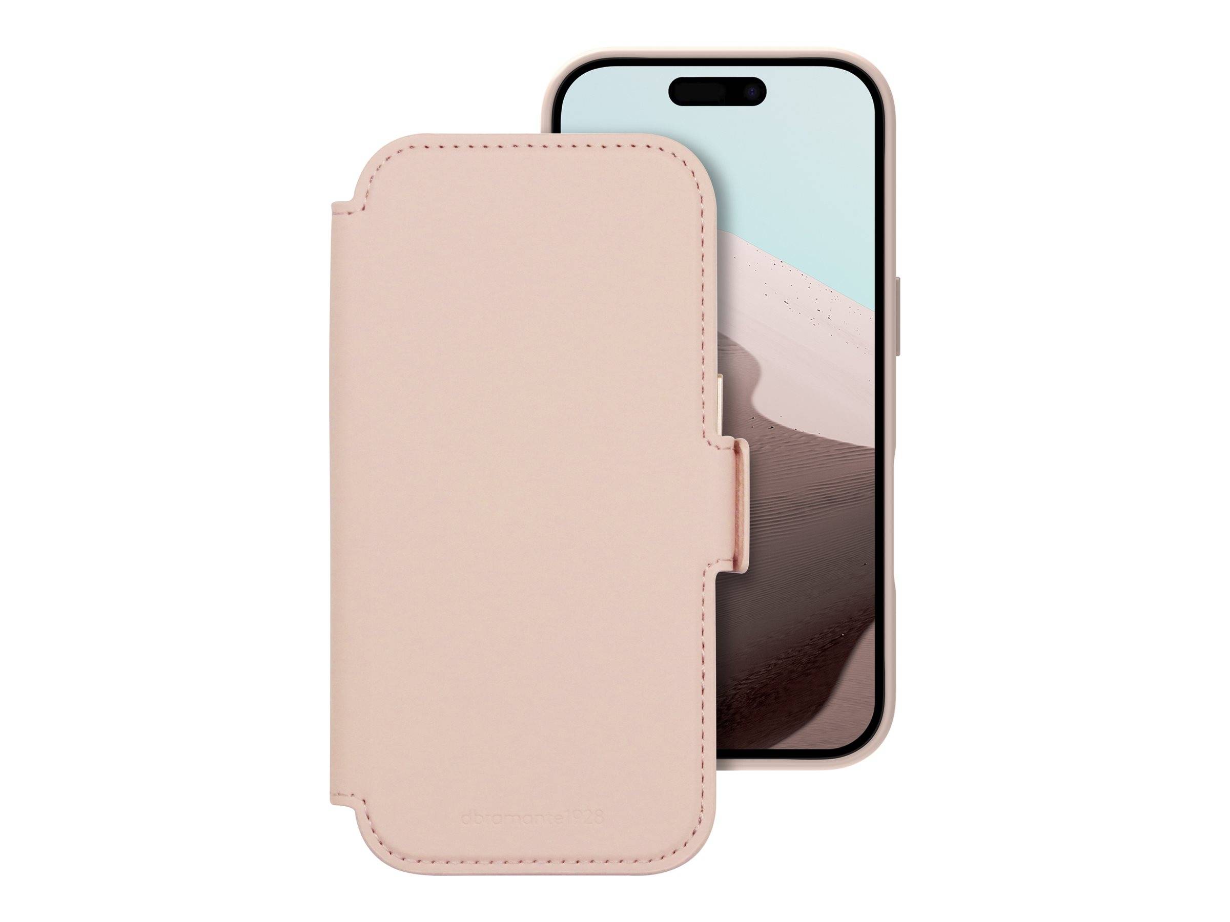 Beigefarbene Leder-Stil-Handyhülle mit Geldbörse vor einem Smartphone, mit einer Kartenschlitz-Klappe, die den größten Teil des Bildschirms abdeckt.