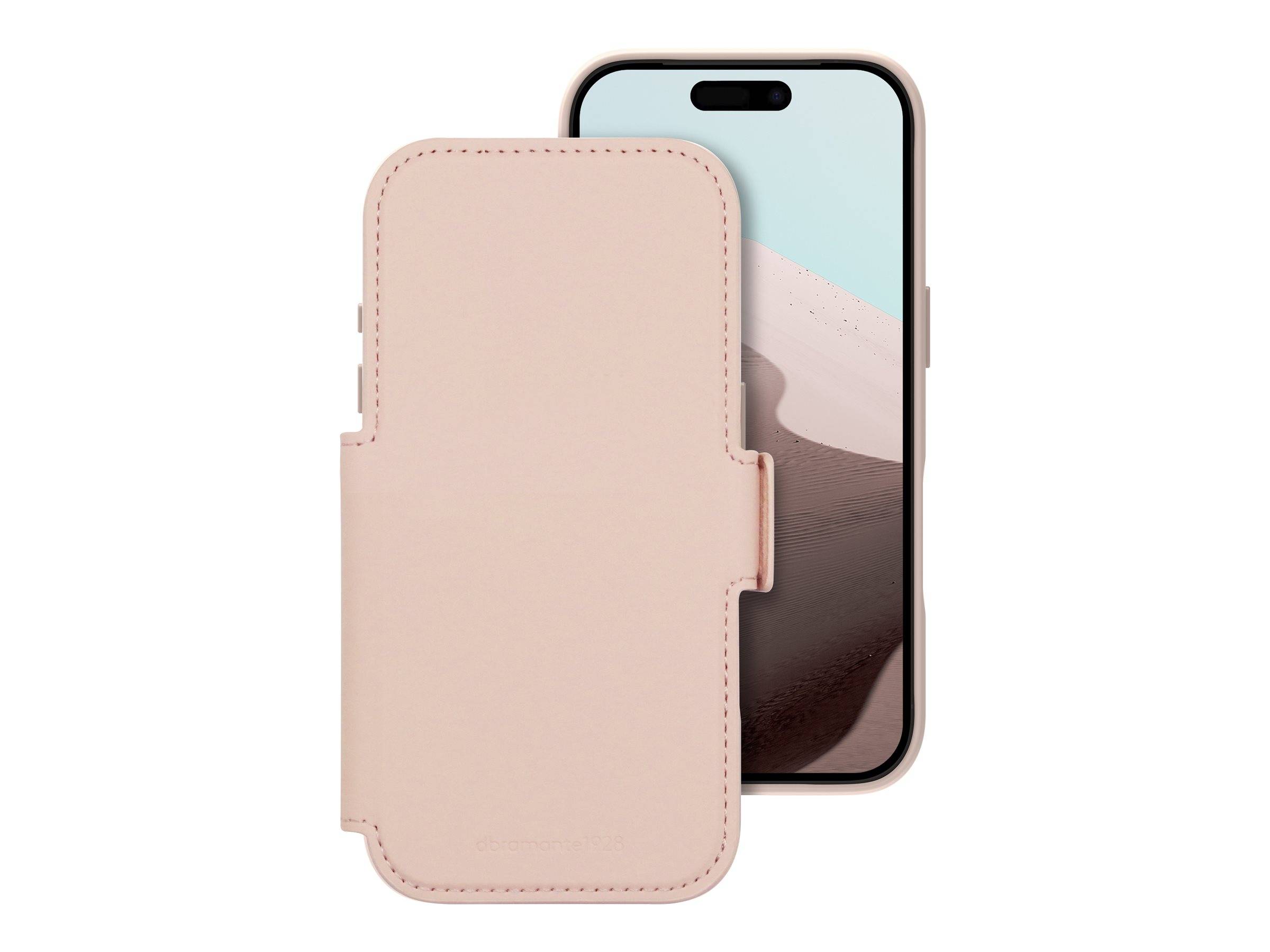 Ein Smartphone mit einer Lederklappe; der Bildschirm zeigt eine minimalistische Wüstenlandschaft. Die Klappe ist in hellem Beige, passend zum Telefonrand.