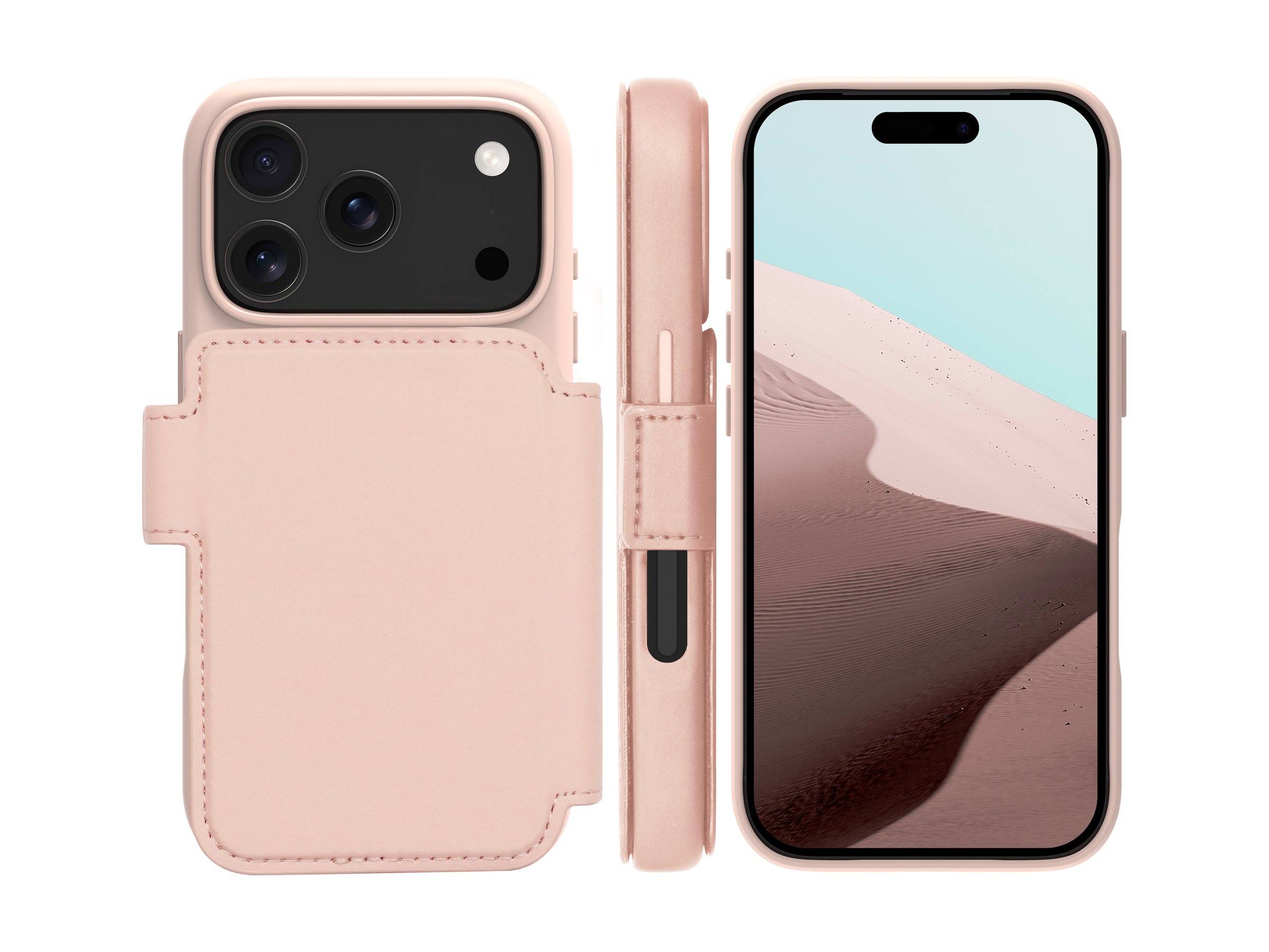 Eine Handyhülle mit Frontdeckel, die neben einem Smartphone mit einer Sanddüne auf dem Bildschirm platziert ist. Die Hülle hat eine weiche Rosatönung.