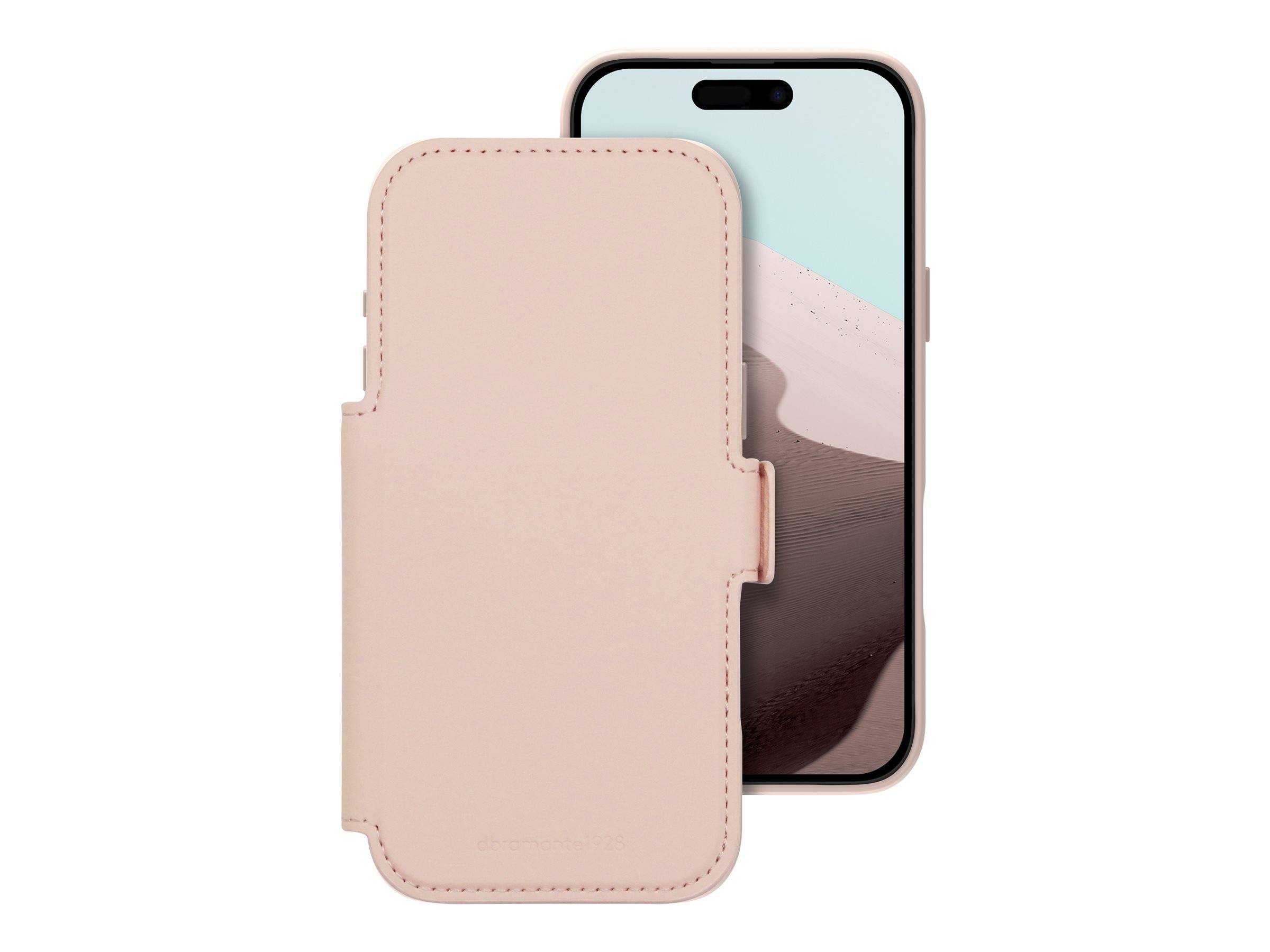 Beige Klappschutzhülle für Mobiltelefone, die ein Smartphone teilweise abdeckt, wobei der Bildschirm durch eine offene vordere Klappe sichtbar ist.