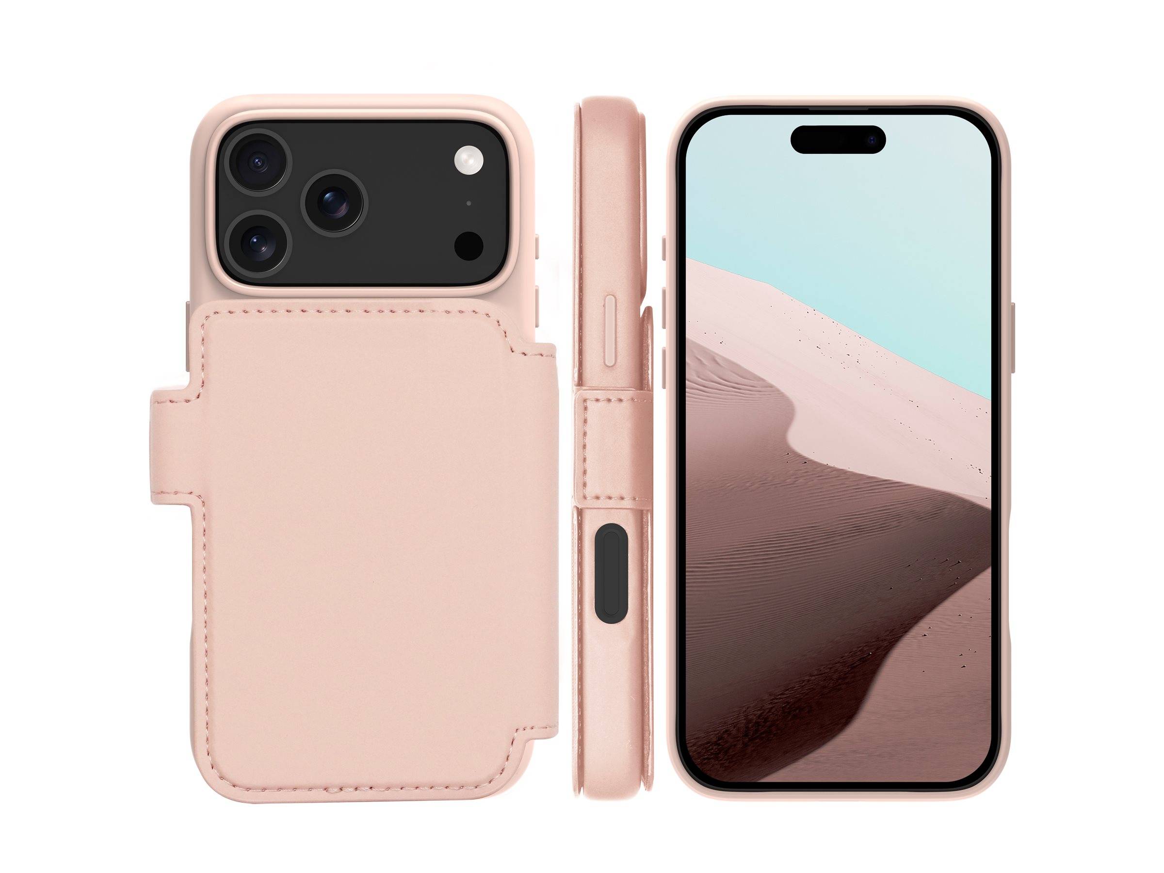 Rosa Lederhülle für Telefon von hinten, von der Seite und von vorne auf einem Smartphone mit Dünen-Hintergrund und pillenförmigem Frontkamera-Ausschnitt gezeigt.