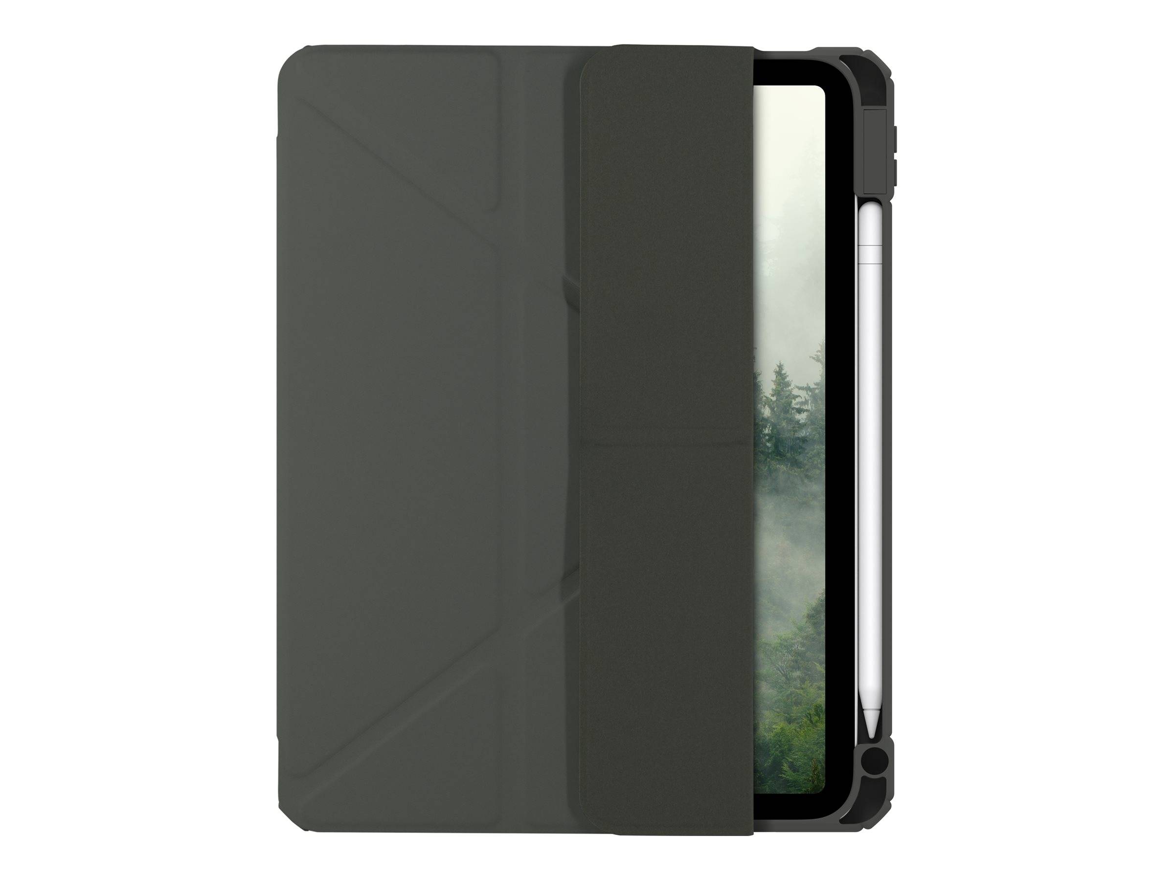 Ein Tablet in einem schwarzen Etui mit einem angeschlossenen Stylus, teilweise von der vorderen Klappe des Etuis bedeckt, auf dessen Bildschirm eine Waldlandschaft zu sehen ist.
