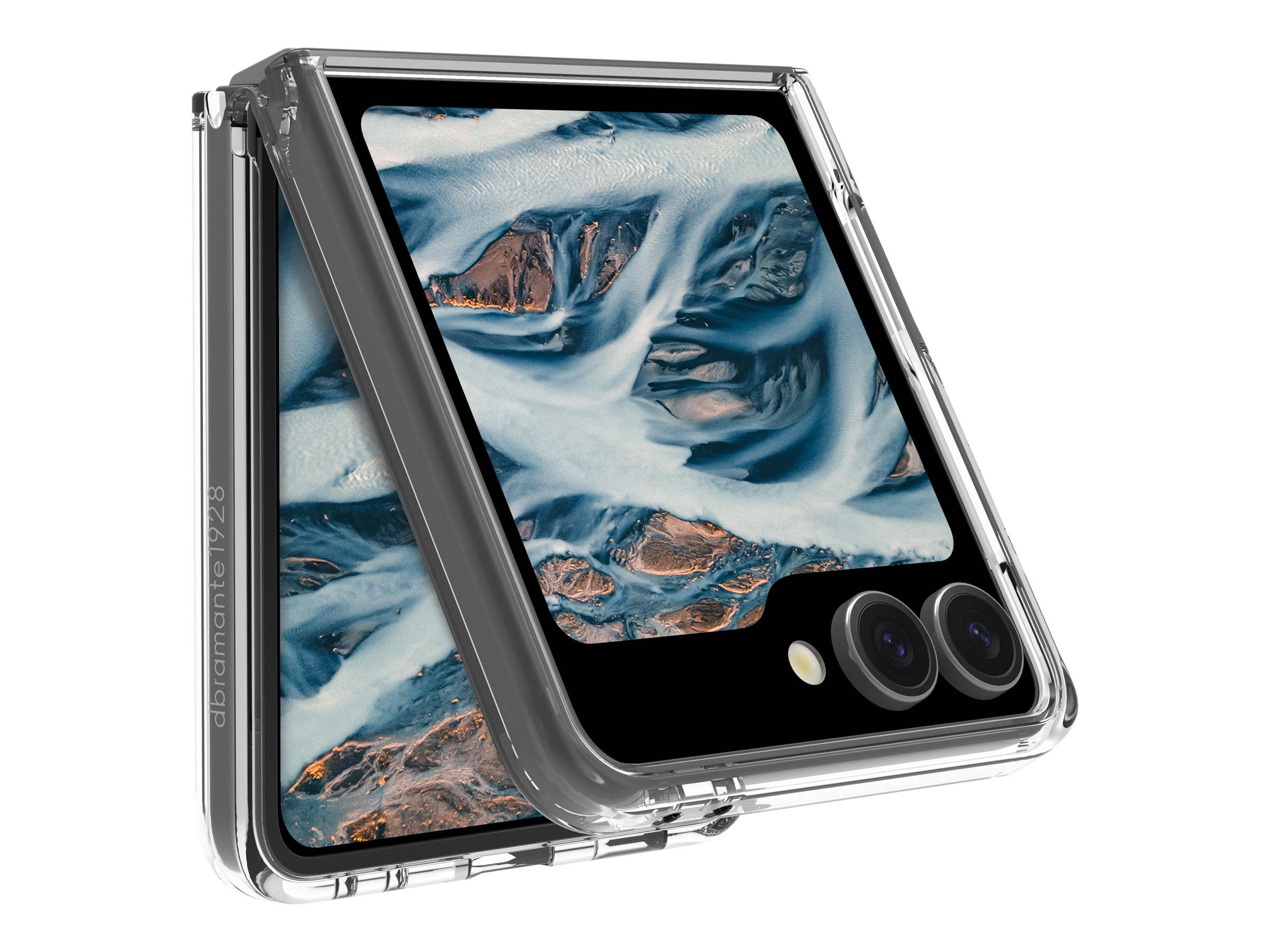 Ein Smartphone mit einer transparenten Hülle zeigt auf seinem Bildschirm eine Nahaufnahme von Eis und Wasser und offenbart dabei seine dualen Rückkameras.