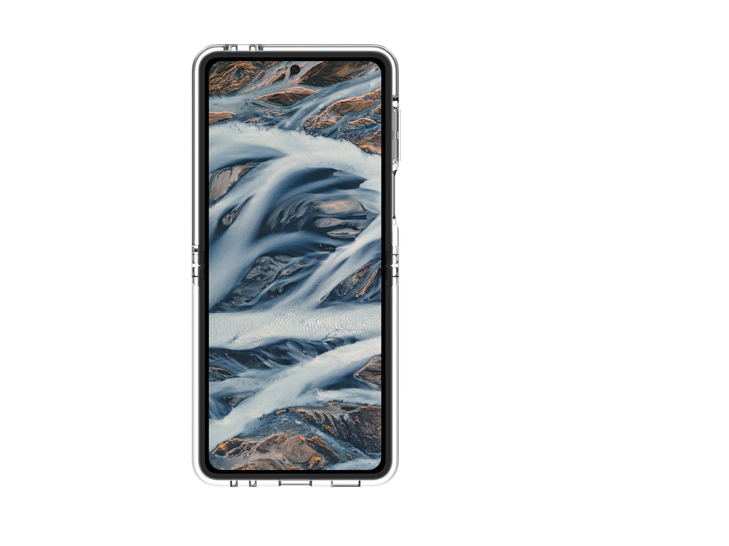 Ein Smartphone, das ein abstraktes Bild mit fließenden blauen und weißen Mustern zeigt, die Wasser ähneln, vor einem metallischen silbernen Gehäuse.