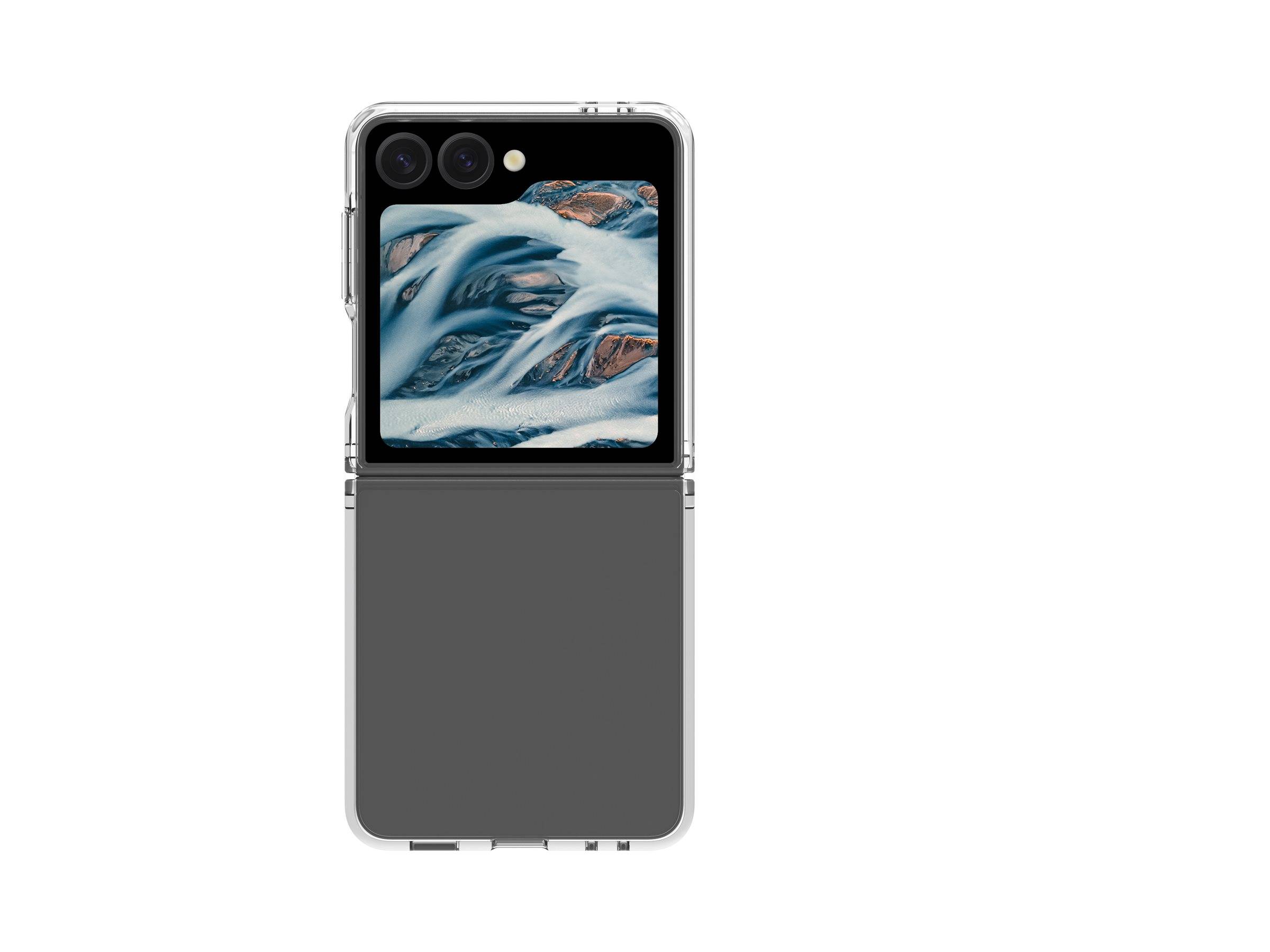 Ein faltbares Smartphone, teilweise geöffnet, das einen Bildschirm mit einem abstrakten Design zeigt, das fluidartige Muster in Blau- und Weißtönen nachbildet.