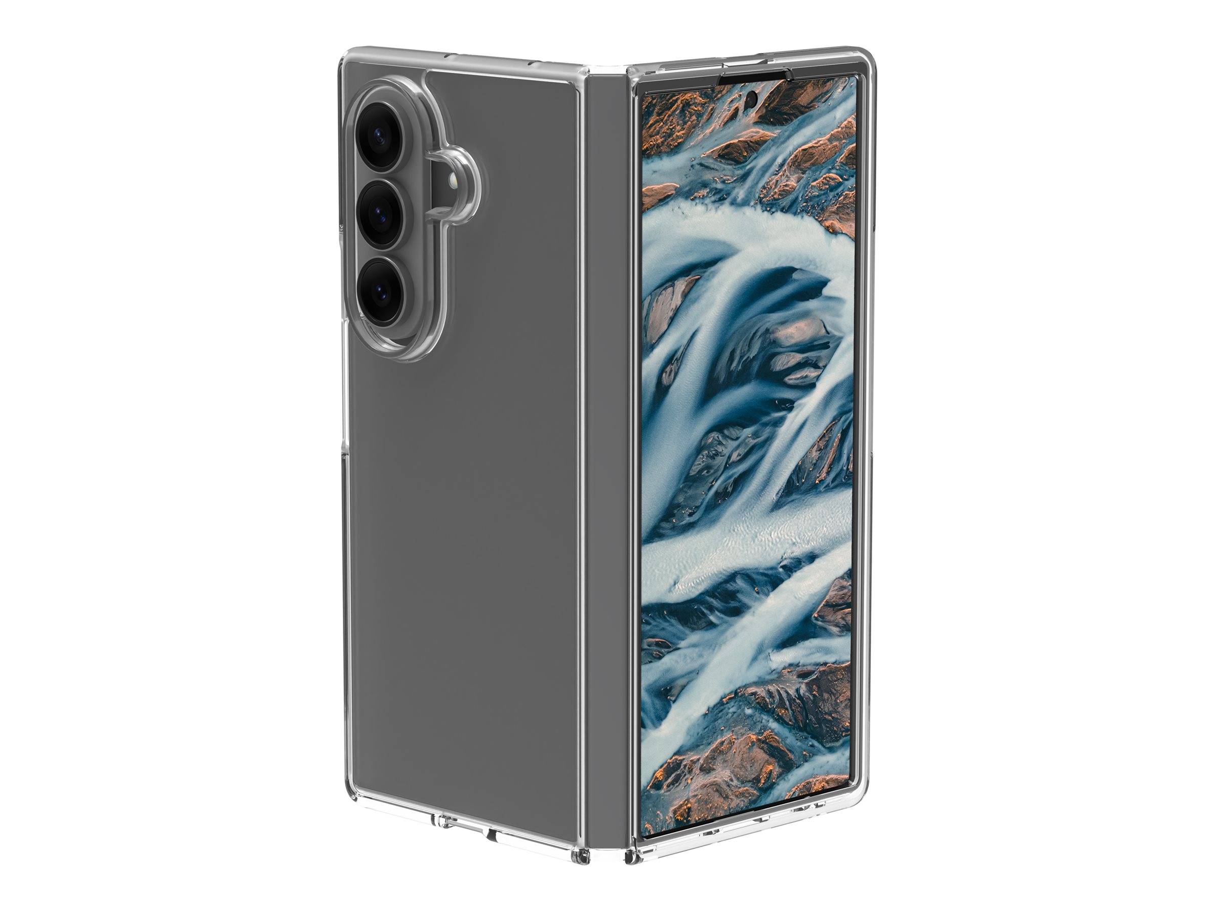 Ein faltbares Smartphone, teilweise geöffnet, das ein lebendiges Wasserfallbild auf seinem Bildschirm und ein Triple-Kamera-Setup auf der Rückseite zeigt.