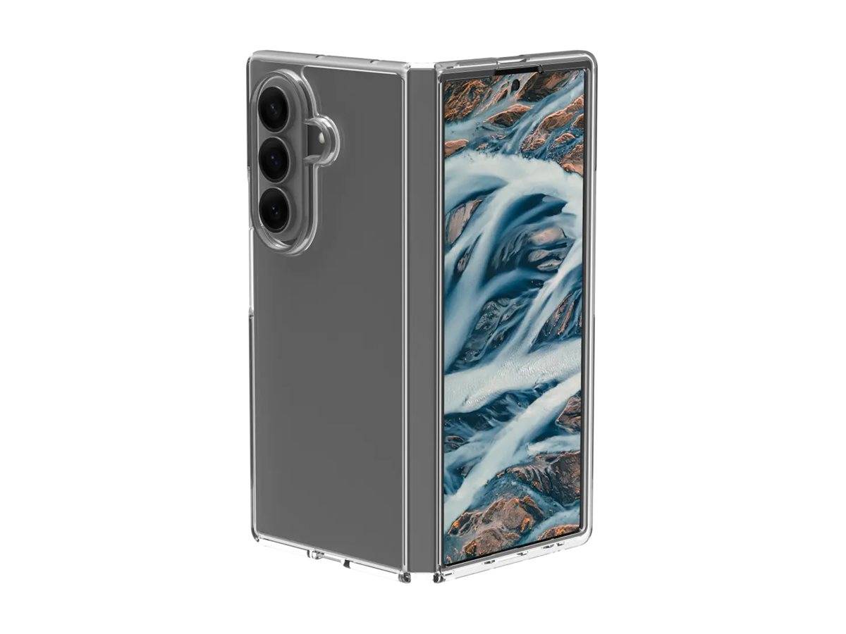 Faltbares Smartphone mit drei Rückkameras und einem offenen Bildschirm, auf dem ein Wasserfallbild zu sehen ist. Das Telefon befindet sich in einem silbernen Gehäuse.