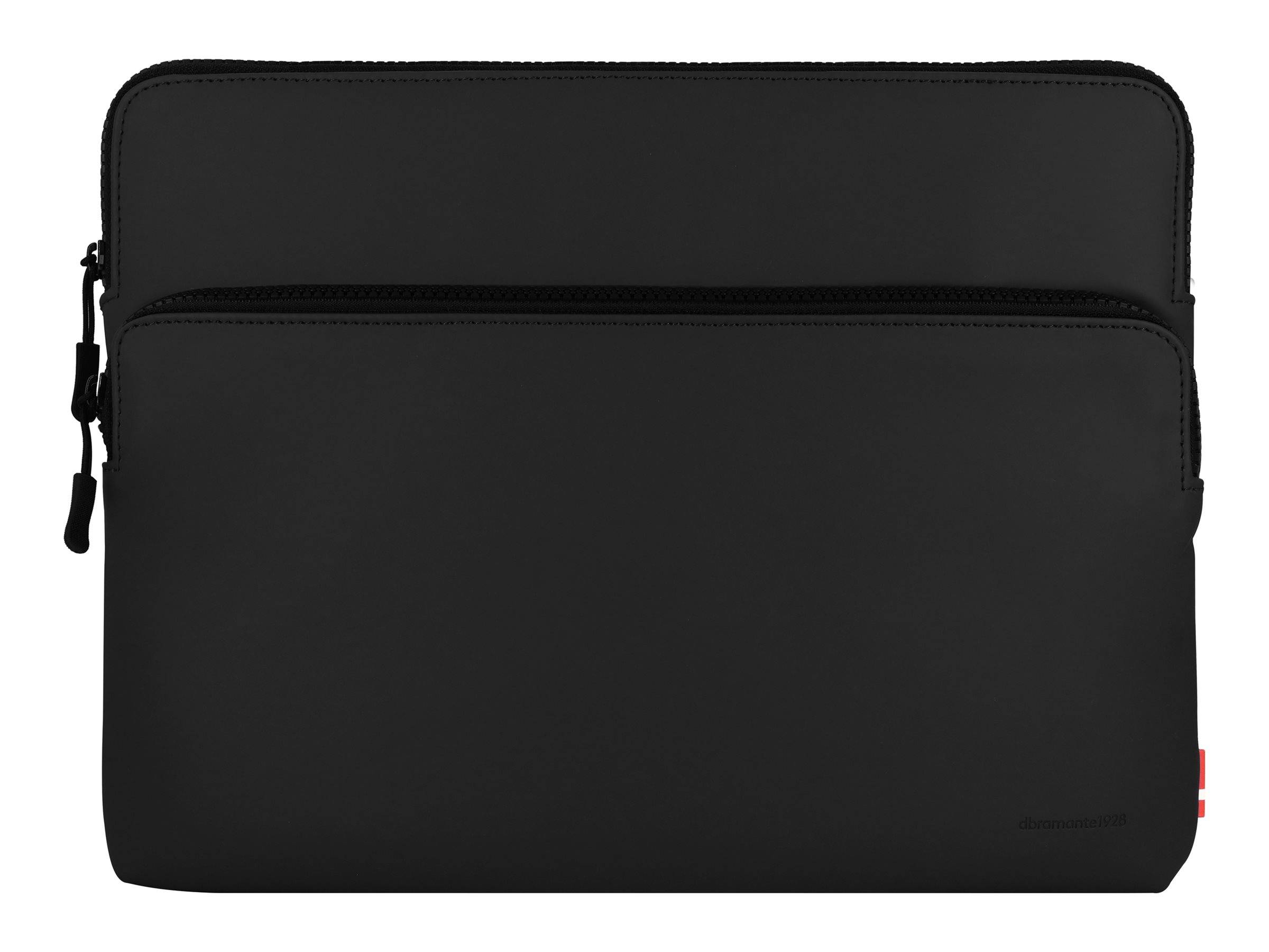 Eine schwarze Laptophülle mit minimalistischem Design und einem Reißverschluss oben.