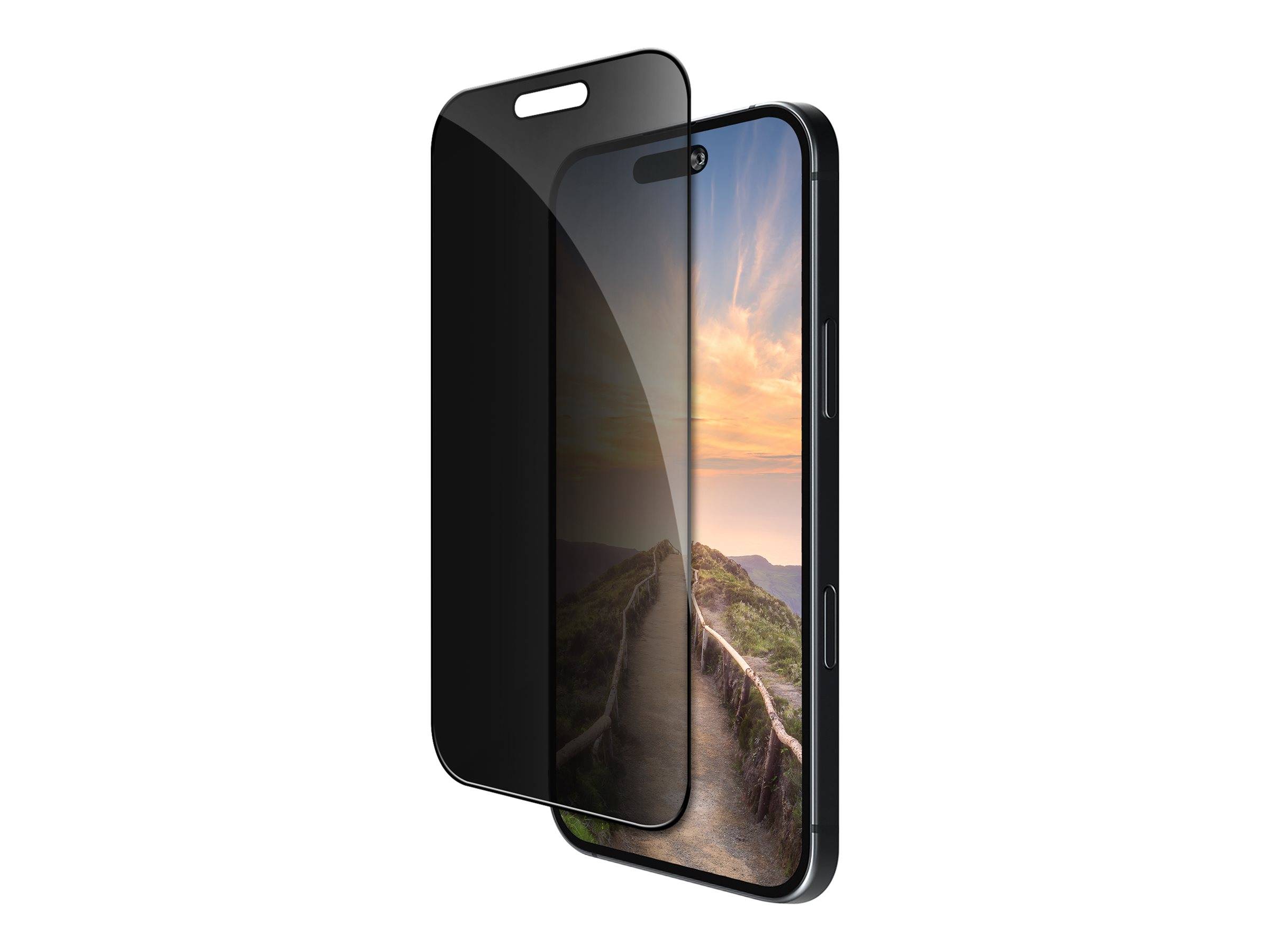 Ein Smartphone mit einem Sichtschutzfilm, der teilweise aufgebracht ist und eine Landschaft auf dem Display zeigt, der darauf ausgelegt ist, Seitenblicke einzuschränken.