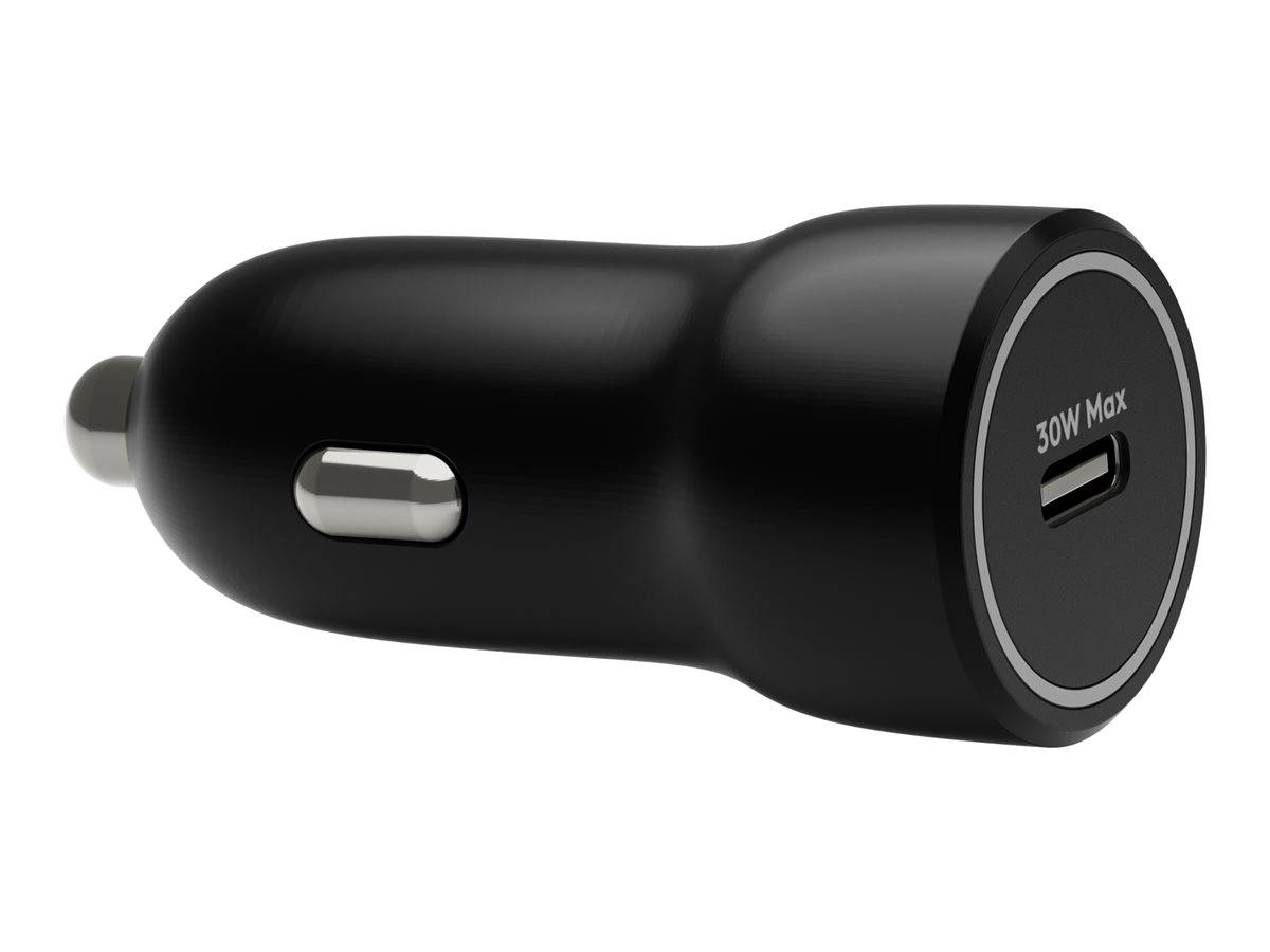 Ein schwarzer zylindrischer Autoladegerät mit einer '30W'-Beschriftung am Ende verfügt über einen USB-C-Anschluss.