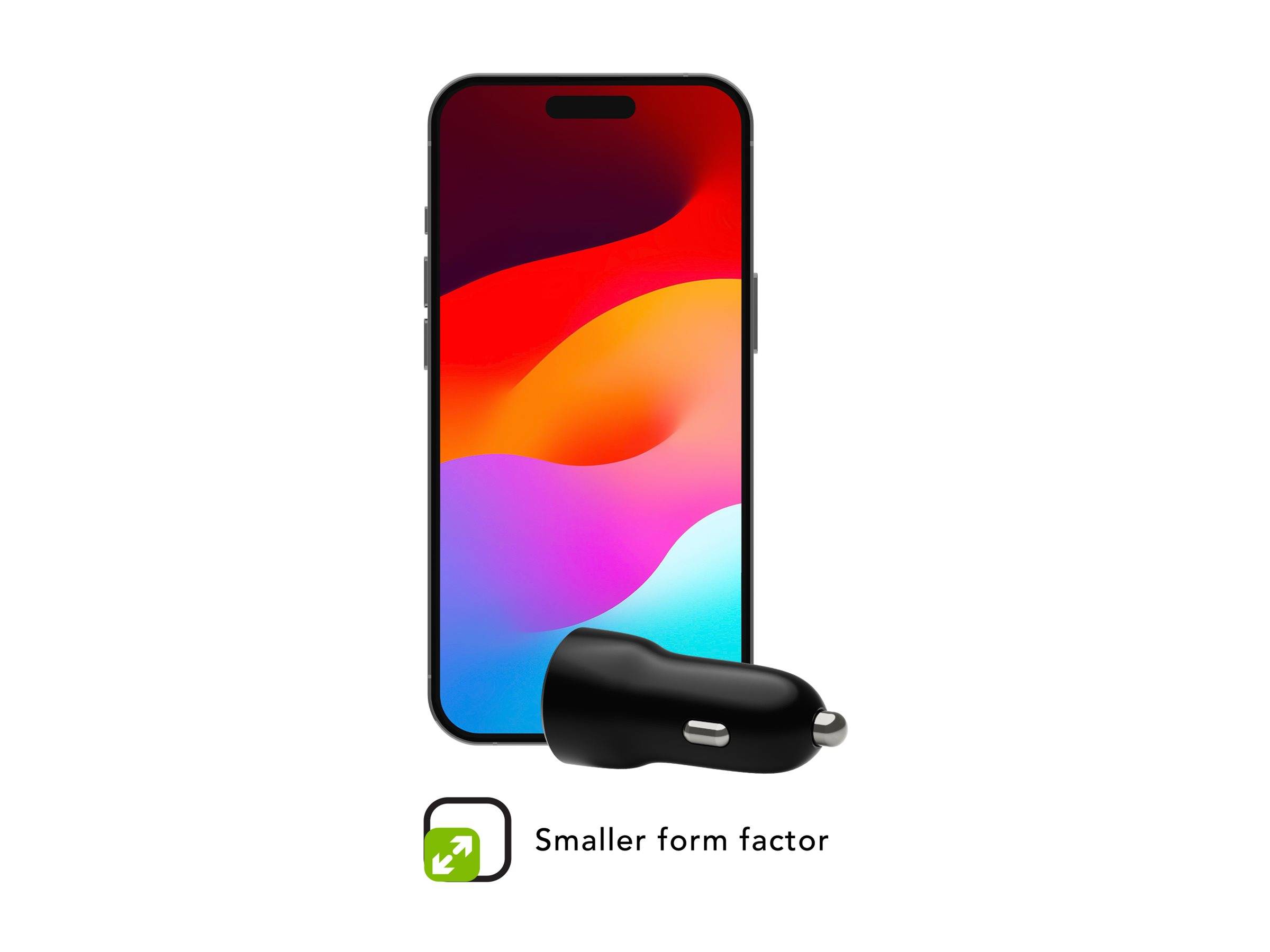 Ein kompaktes Auto-Ladegerät-Adapter vor einem Smartphone, beschriftet mit „Kleinerer Formfaktor