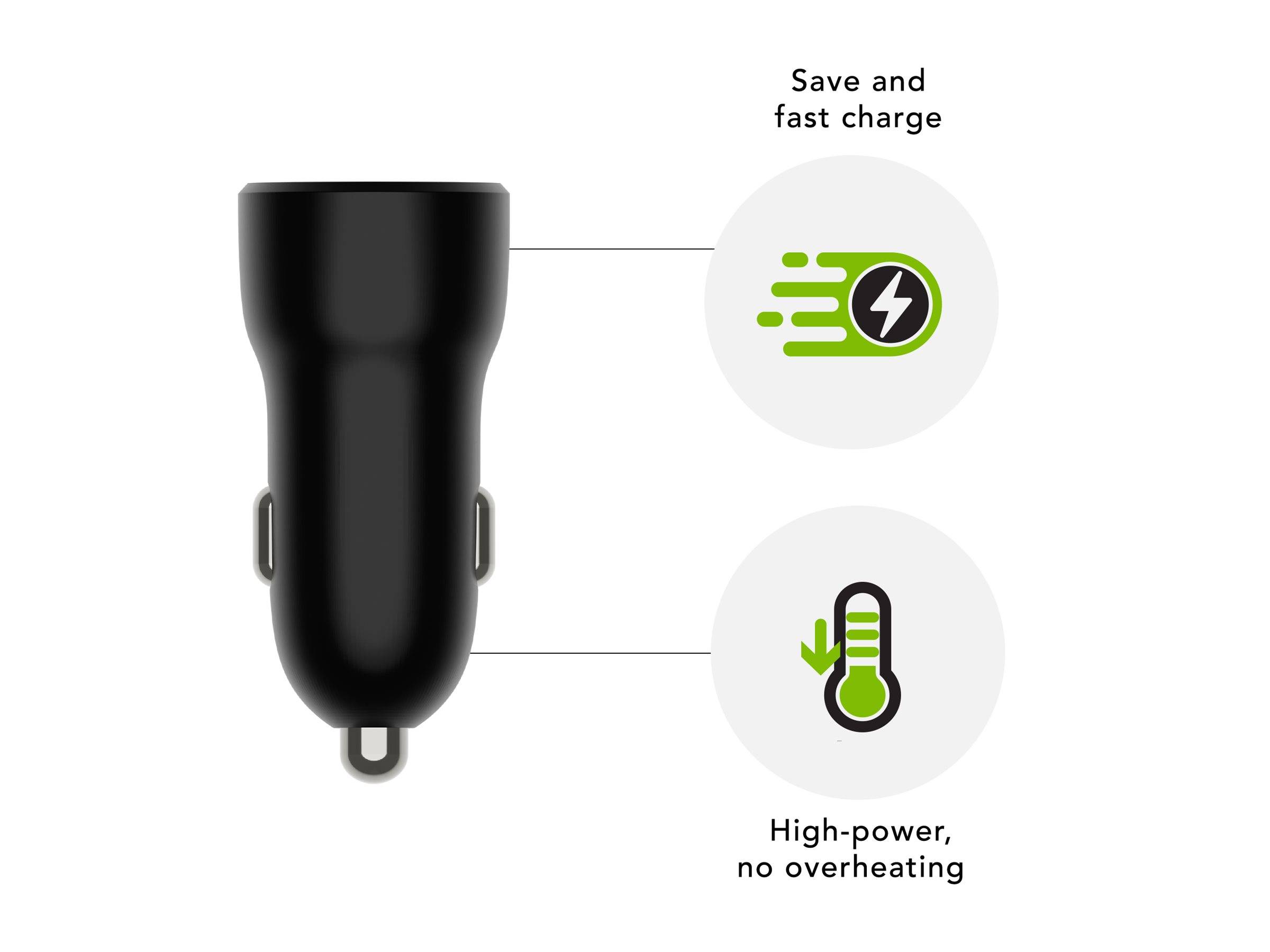Schwarzer Autoladegerät mit zwei Symbolen. Oberes Symbol: Grünes Blitzsymbol, beschriftet mit ‚Sparen und schnell laden'. Unteres Symbol: Grünes Thermometer, beschriftet mit ‚Hochleistung, kein Überhitzen'.