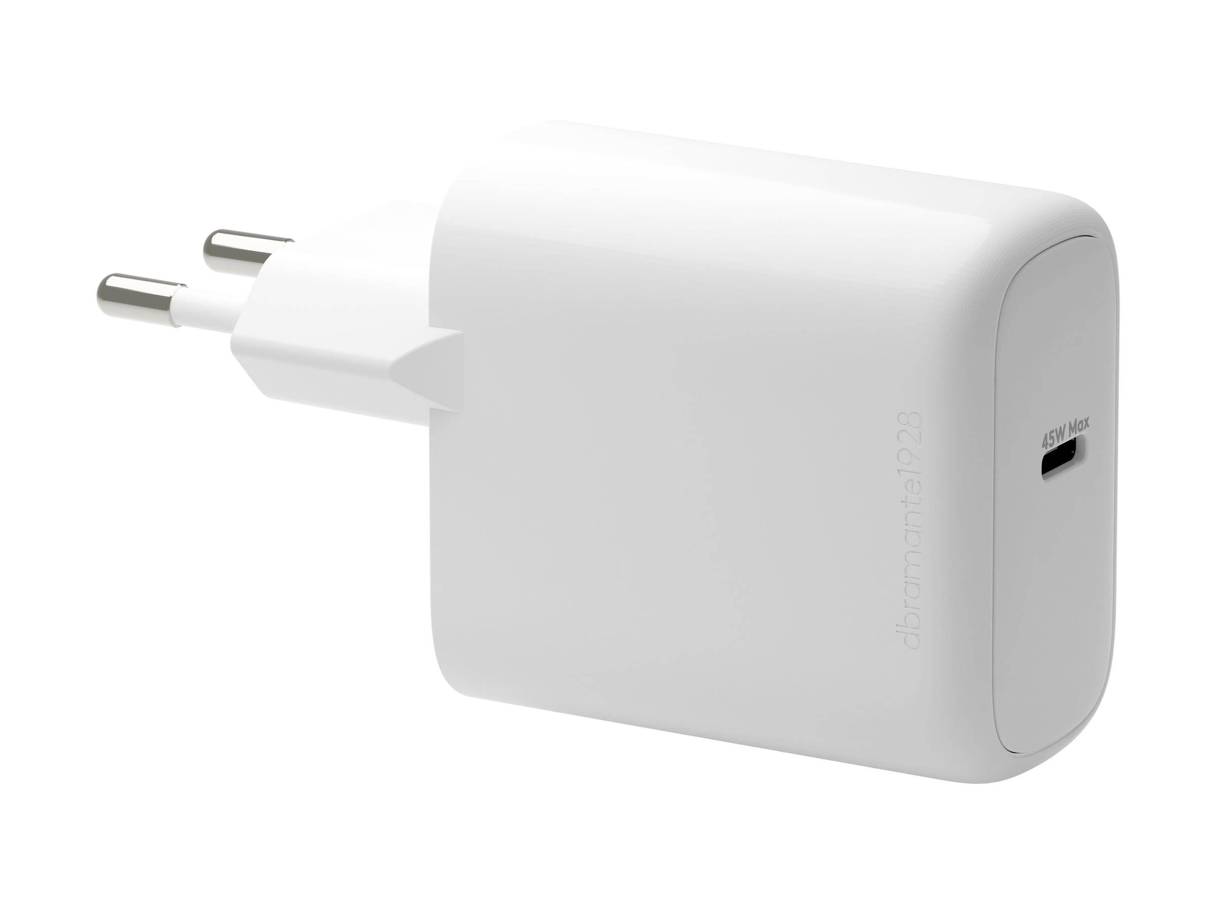 Ein weißer USB-Netzteil mit einem europäischen Stecker, entwickelt zum Aufladen elektronischer Geräte. Ausgestattet mit einem kompakten und minimalistischen Design.