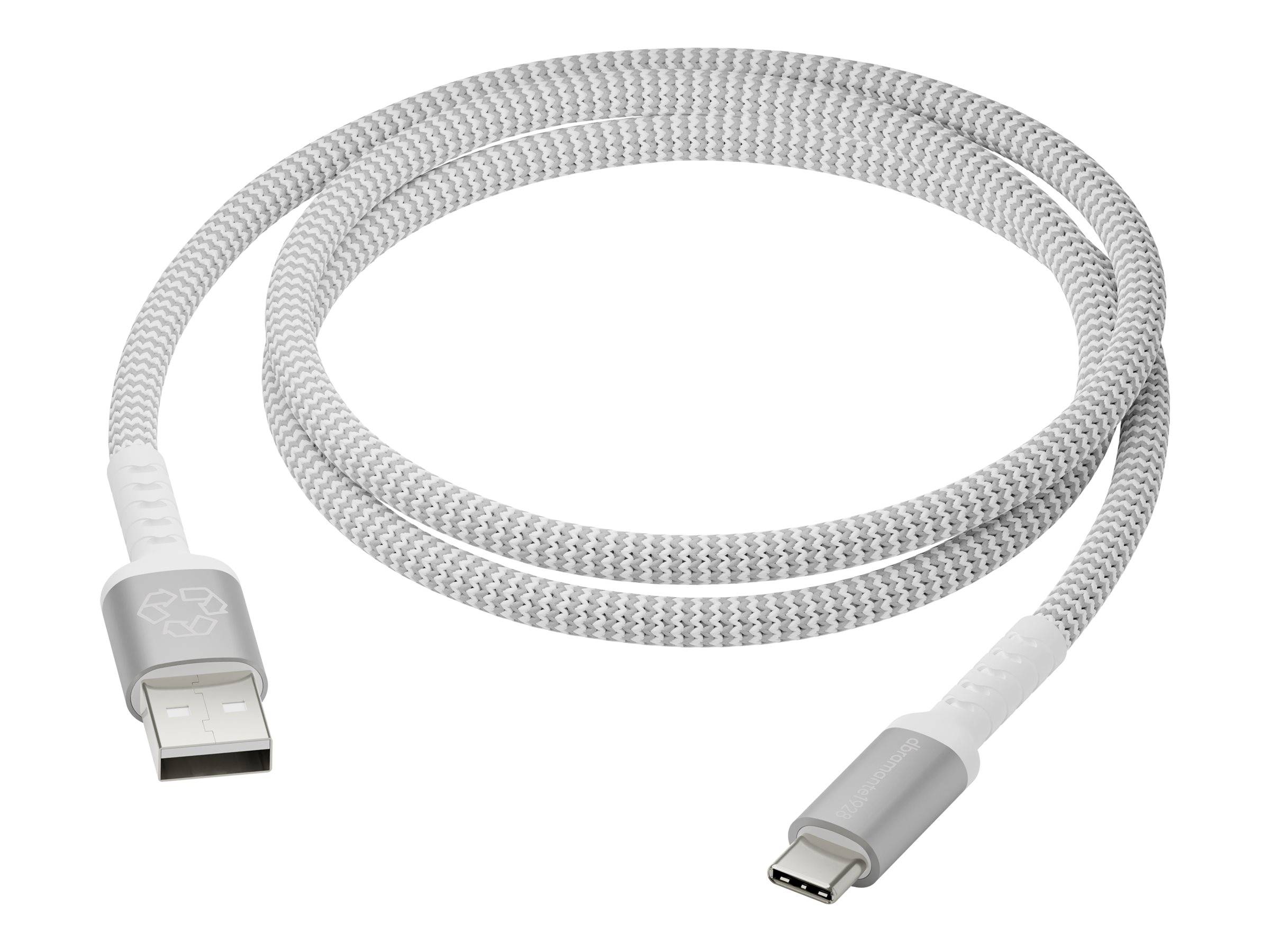 Ein geflochtenes USB-C zu USB-A Kabel mit weißem und grauem Design, gewickelt dargestellt.