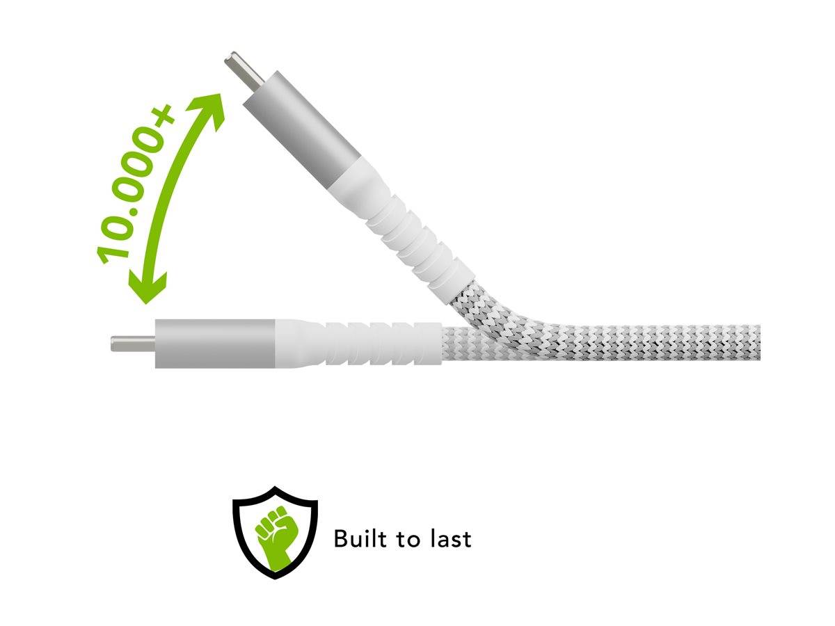 Ein robustes, langlebiges Ladekabel mit der Aufschrift '10.000+', die Biegetests andeutet. Ein Schildsymbol und der Schriftzug 'Gebaut für Langlebigkeit' suggerieren Zuverlässigkeit.