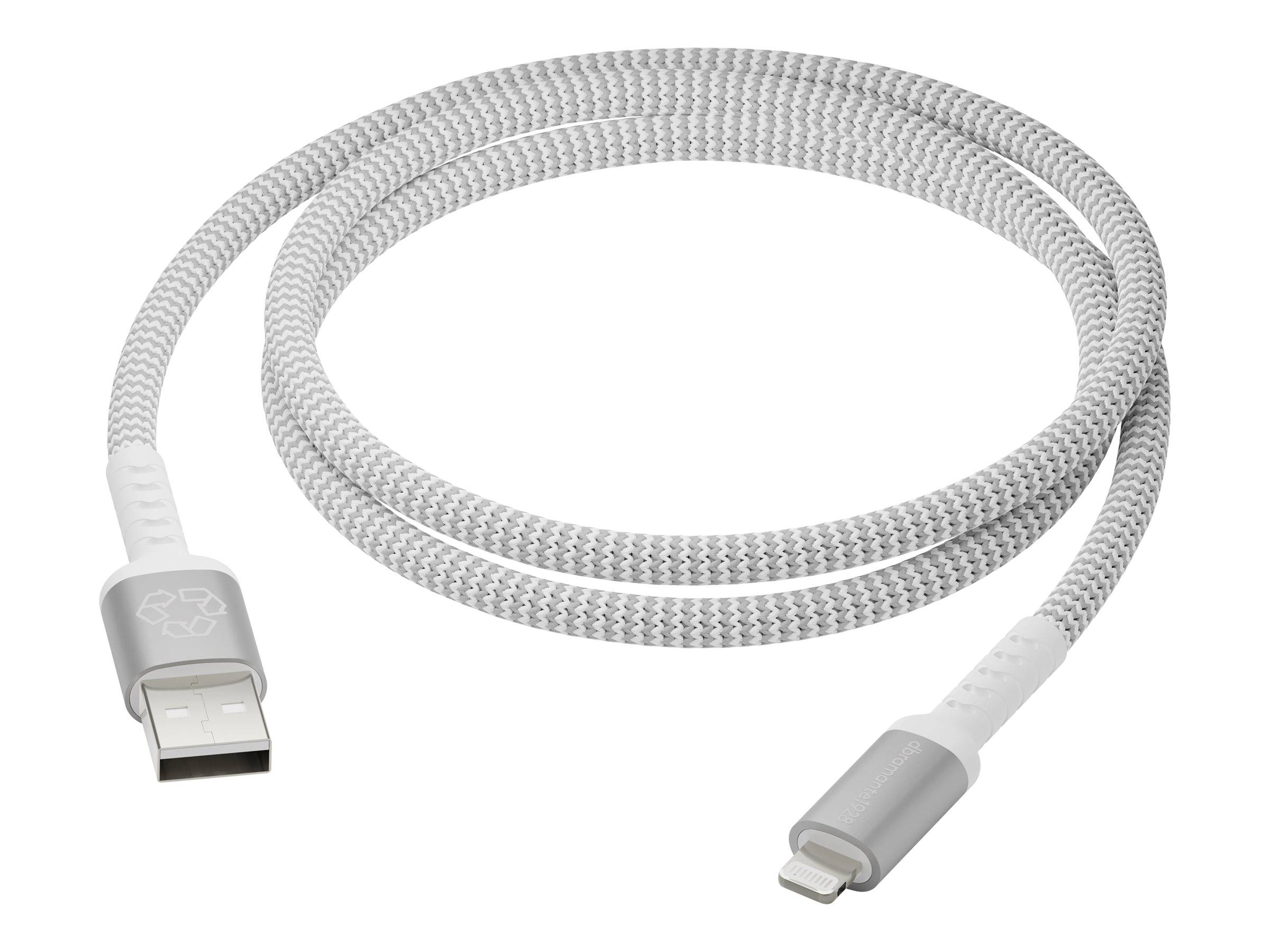 Ein weiß geflochtenes USB-zu-Lightning-Kabel, das in einer Spulenanordnung gezeigt wird und seine Haltbarkeit und Konnektivitätsmöglichkeiten veranschaulicht.
