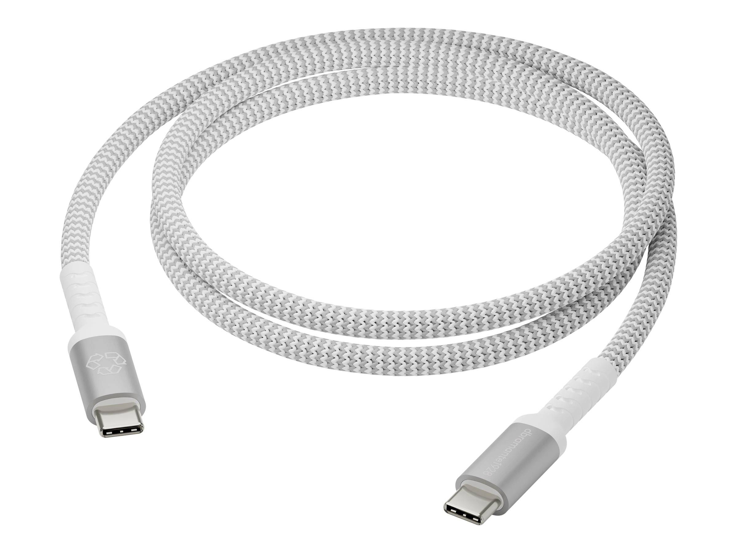 Ein geflochtenes USB-C-Kabel mit Metallsteckern liegt in einer aufgerollten Anordnung auf weißem Hintergrund.