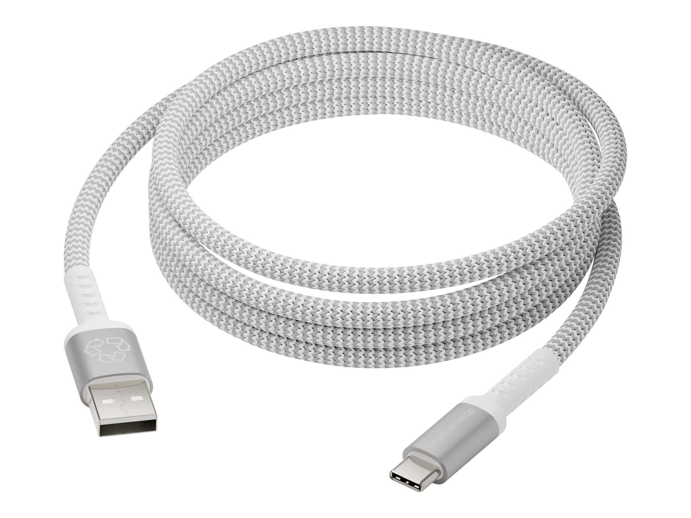 Ein weißes geflochtenes USB-A zu USB-C Ladekabel, das in einer Spirale aufgewickelt ist und beide Anschlüsse an jedem Ende zeigt.