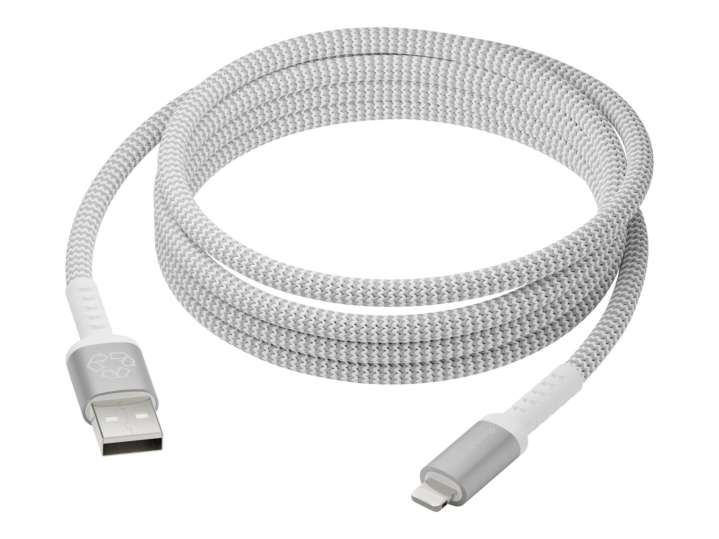Ein weißes geflochtenes USB-zu-Lightning-Kabel, ordentlich aufgewickelt, das seine Haltbarkeit und elegantes Design präsentiert, geeignet für Apple-Geräte.