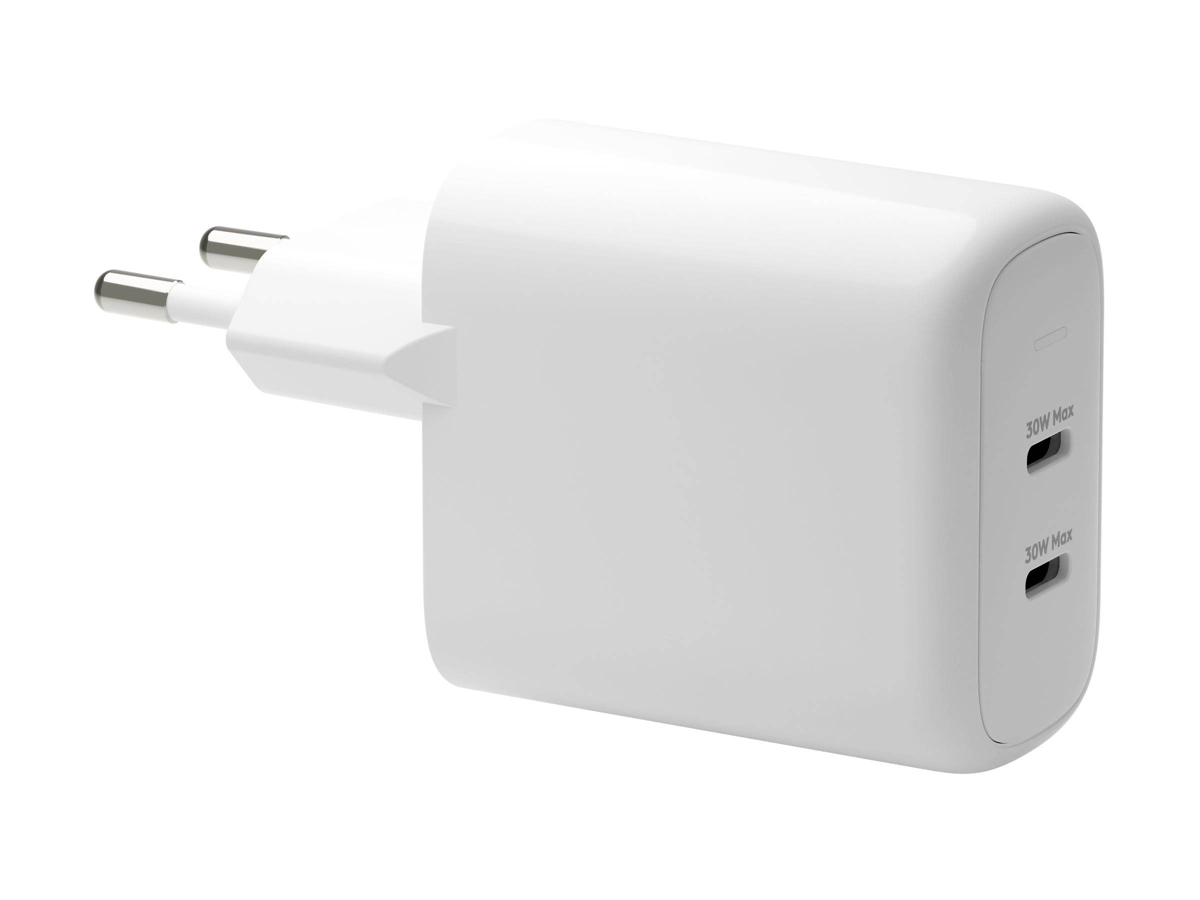 Ein weißer Dual-Port-USB-Ladegerät mit einem europäischen Stecker wird gezeigt. Er weist neben jedem Anschluss eine '30W'-Markierung auf, die seine Leistungsabgabe anzeigt.